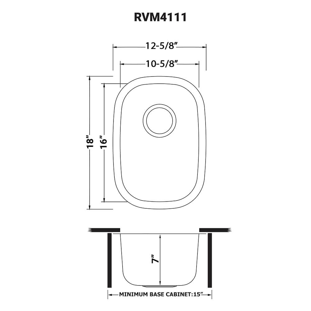 Ruvati Parmi — Tarja de Bar / Prep de 12 x 18 pulg en Acero Inoxidable — diagrama de dimensiones