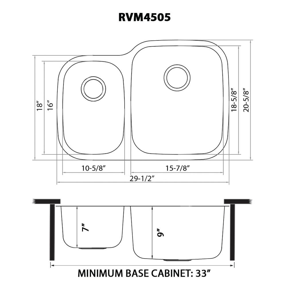 Ruvati Parmi — Tarja de Cocina en Acero Inoxidable — diagrama de dimensiones