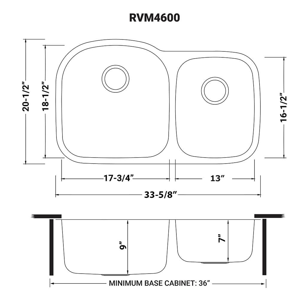 Ruvati Parmi — Tarja de Cocina en Acero Inoxidable — diagrama de dimensiones