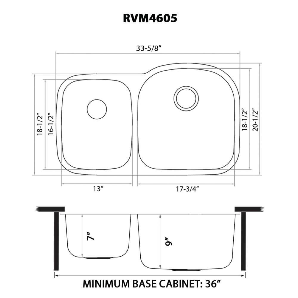 Ruvati Parmi — Tarja de Cocina en Acero Inoxidable — diagrama de dimensiones
