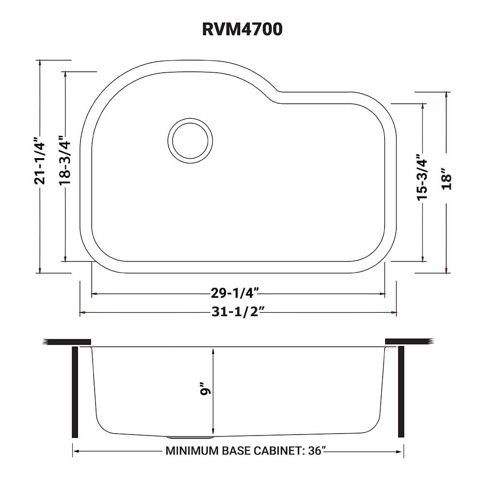 Ruvati Parmi — Tarja de Cocina en Acero Inoxidable — diagrama de dimensiones