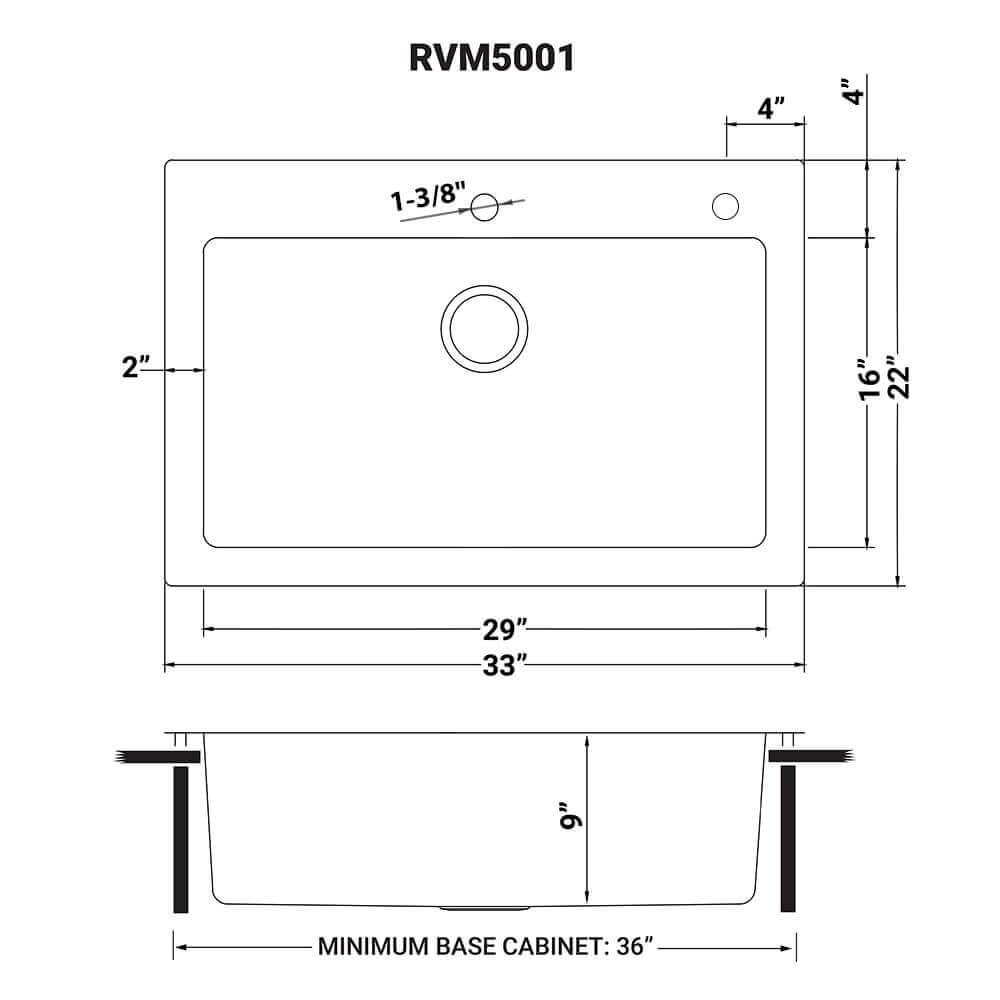 Ruvati Modena — Tarja de Cocina de 33 x 22 pulg en Acero Inoxidable — diagrama de dimensiones