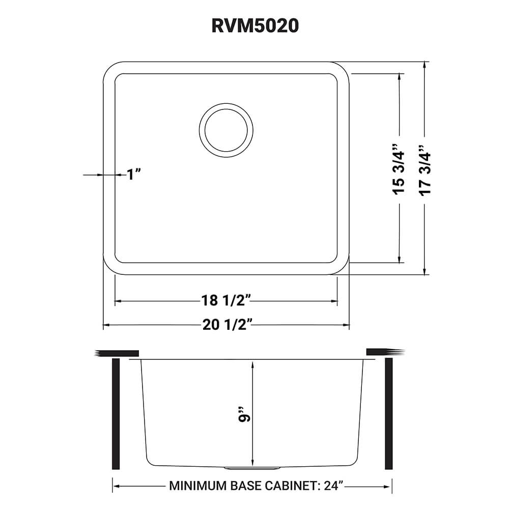 Ruvati Modena — Tarja de Bar / Prep en Acero Inoxidable — diagrama de dimensiones