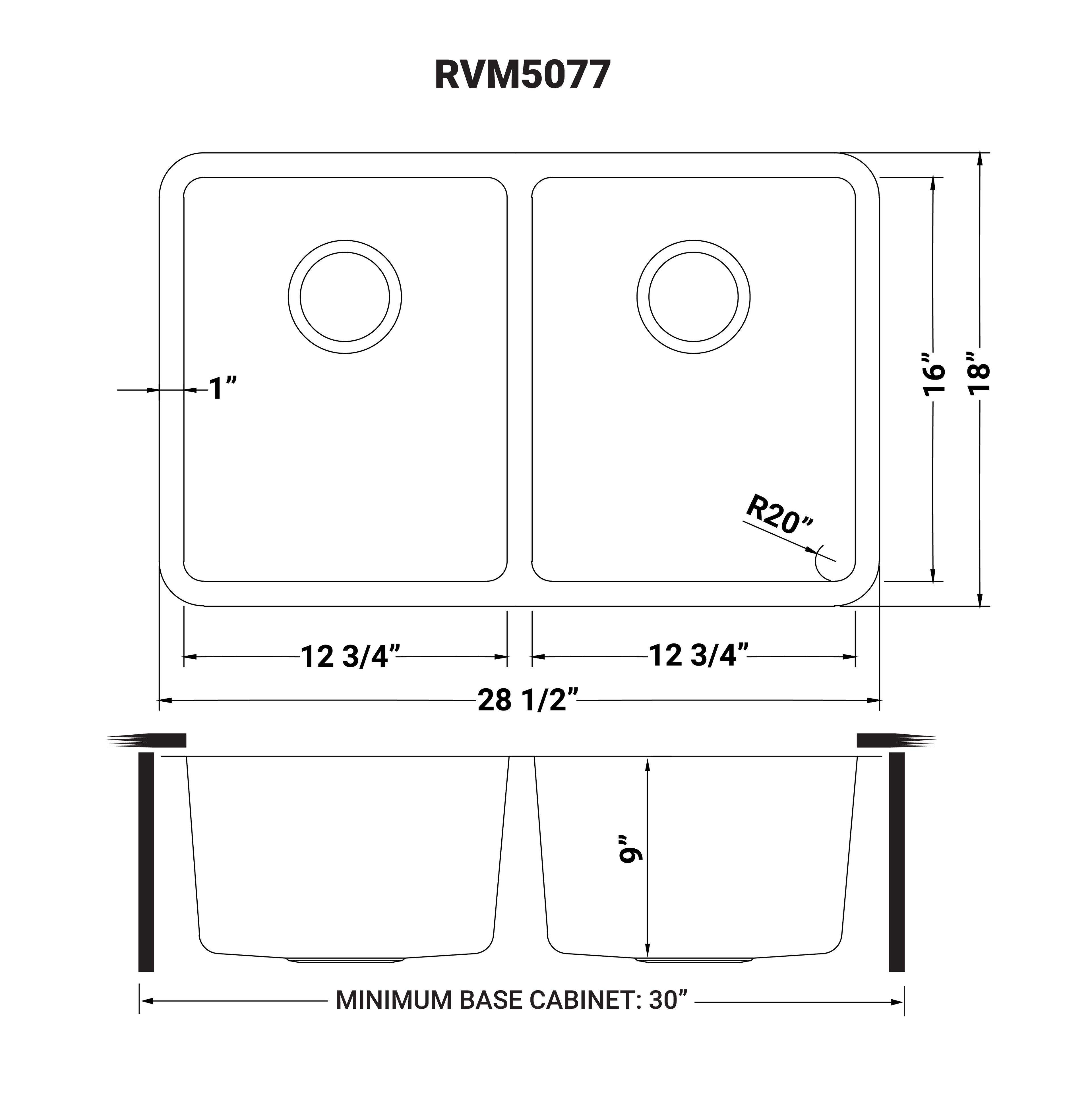 Ruvati Modena — Tarja de Cocina en Acero Inoxidable — diagrama de dimensiones
