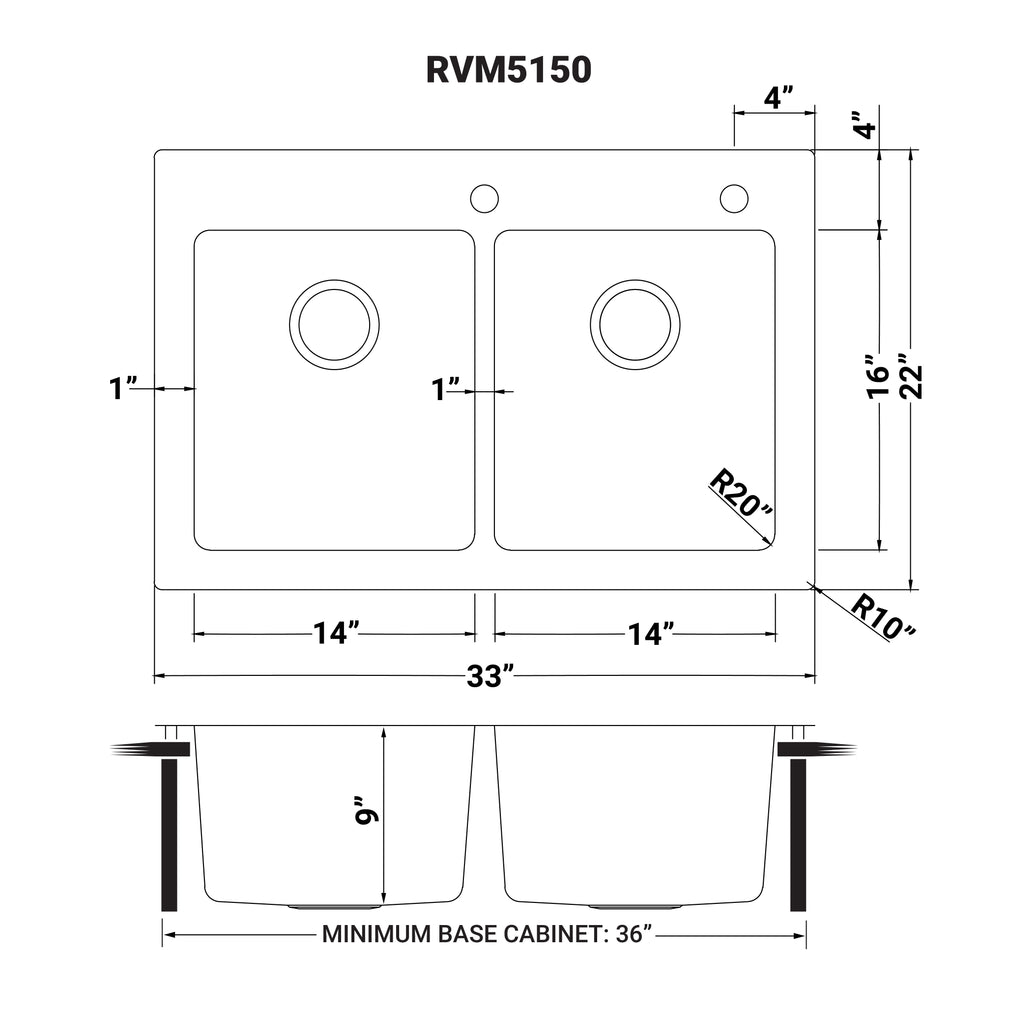 Ruvati Modena — Tarja de Cocina de 33 x 22 pulg en Acero Inoxidable — diagrama de dimensiones