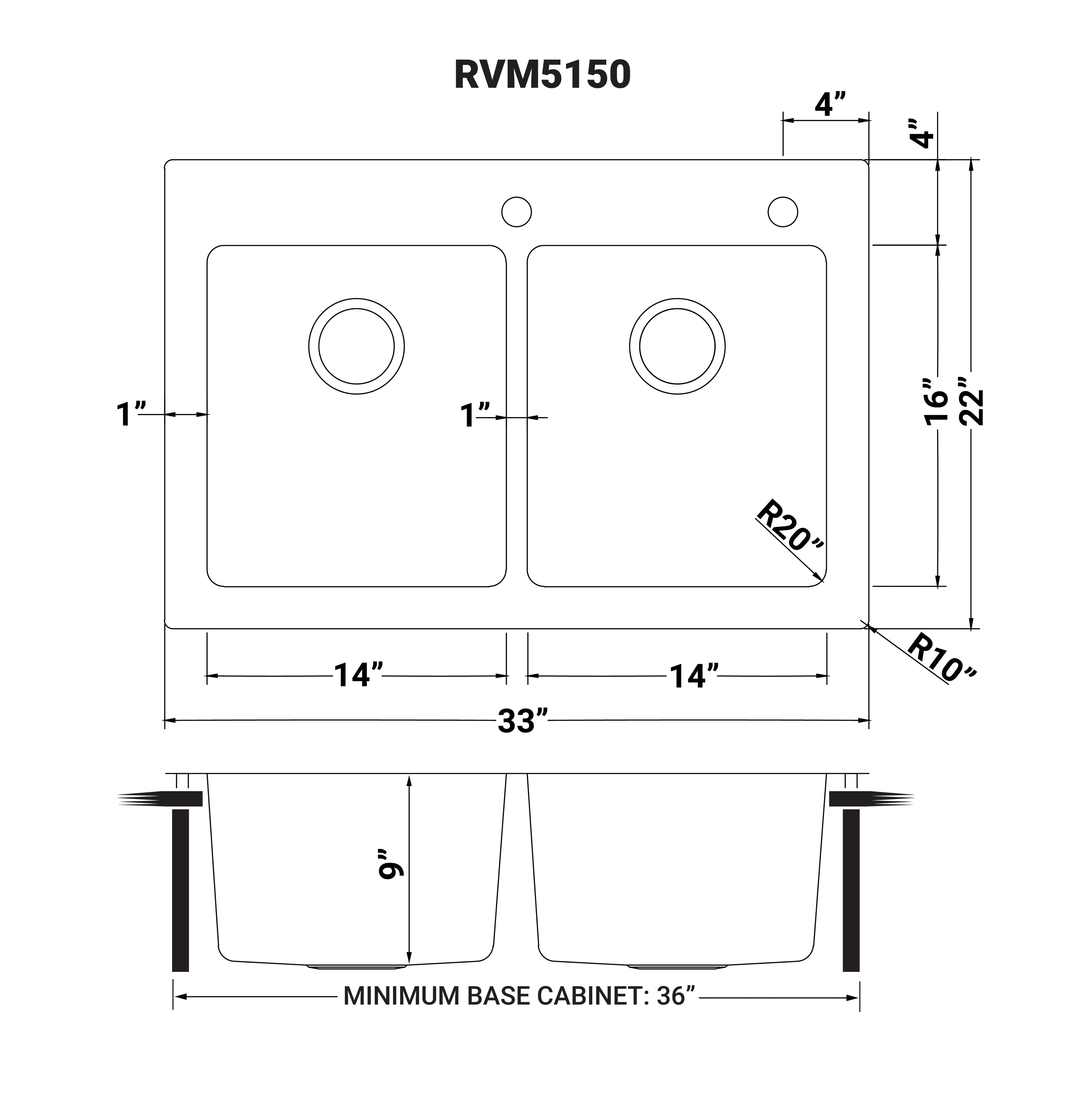 Ruvati Modena — Tarja de Cocina de 33 x 22 pulg en Acero Inoxidable — diagrama de dimensiones