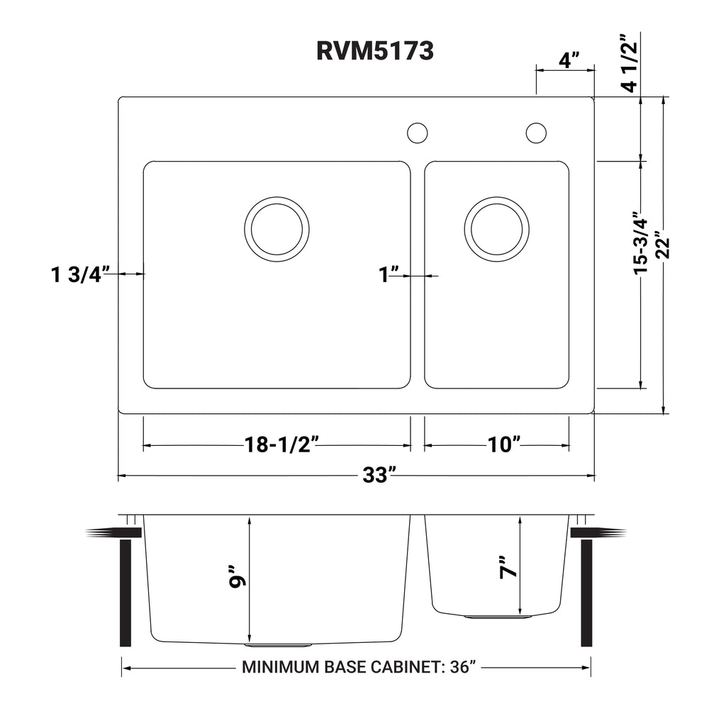 Ruvati Modena — Tarja de Cocina de 33 x 22 pulg en Acero Inoxidable — diagrama de dimensiones