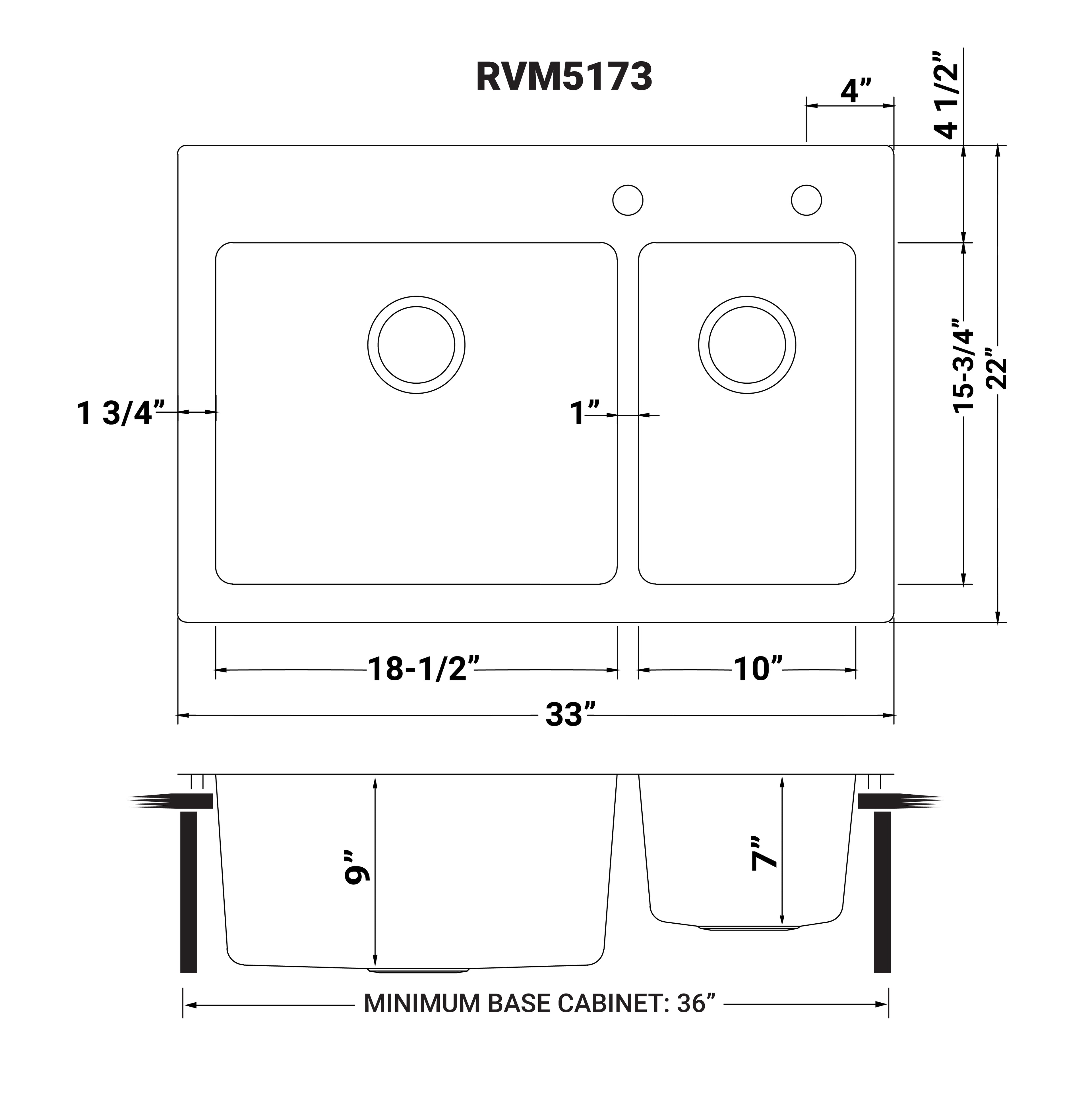 Ruvati Modena — Tarja de Cocina de 33 x 22 pulg en Acero Inoxidable — diagrama de dimensiones