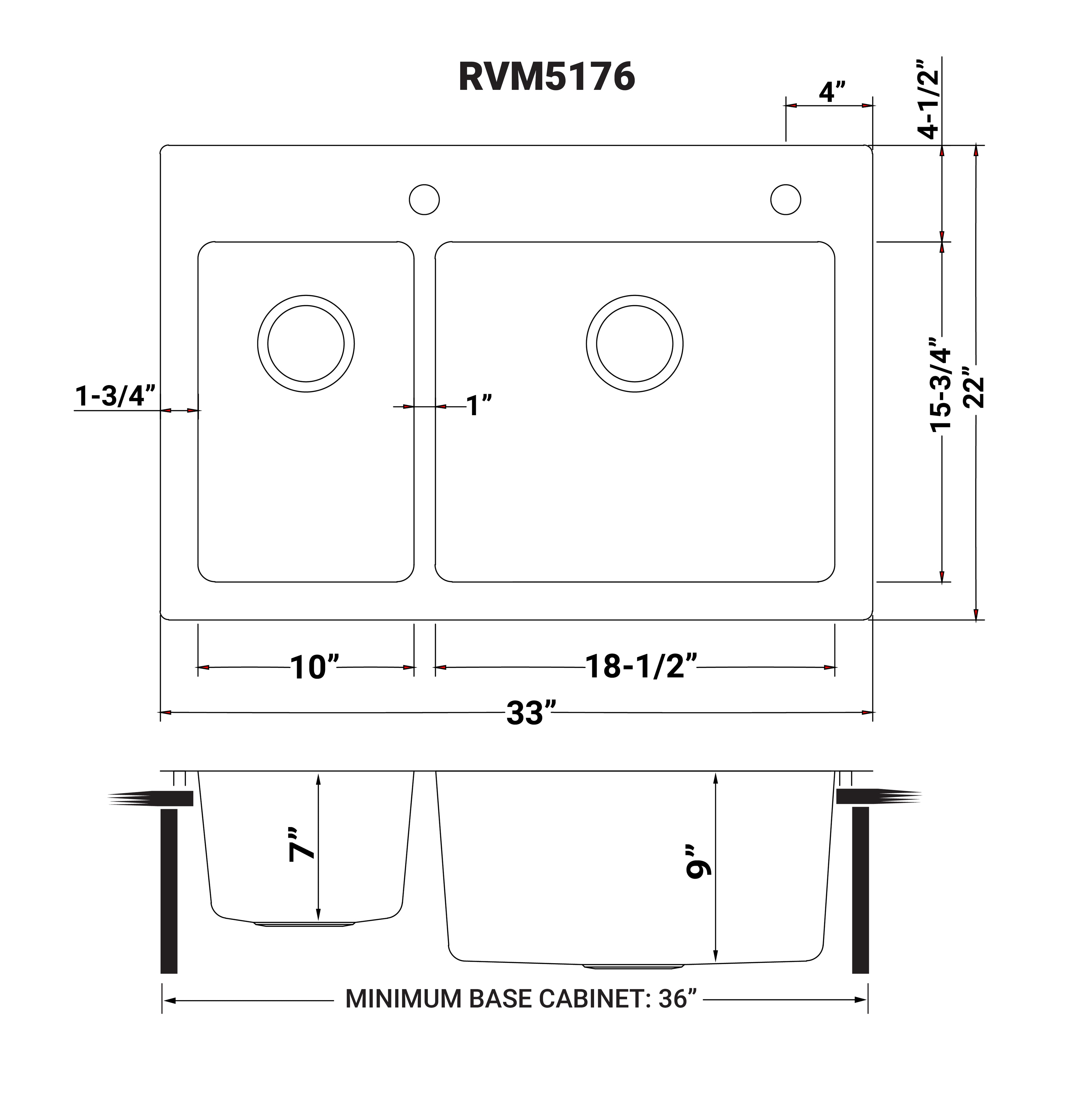 Ruvati Modena — Tarja de Cocina de 33 x 22 pulg en Acero Inoxidable — diagrama de dimensiones