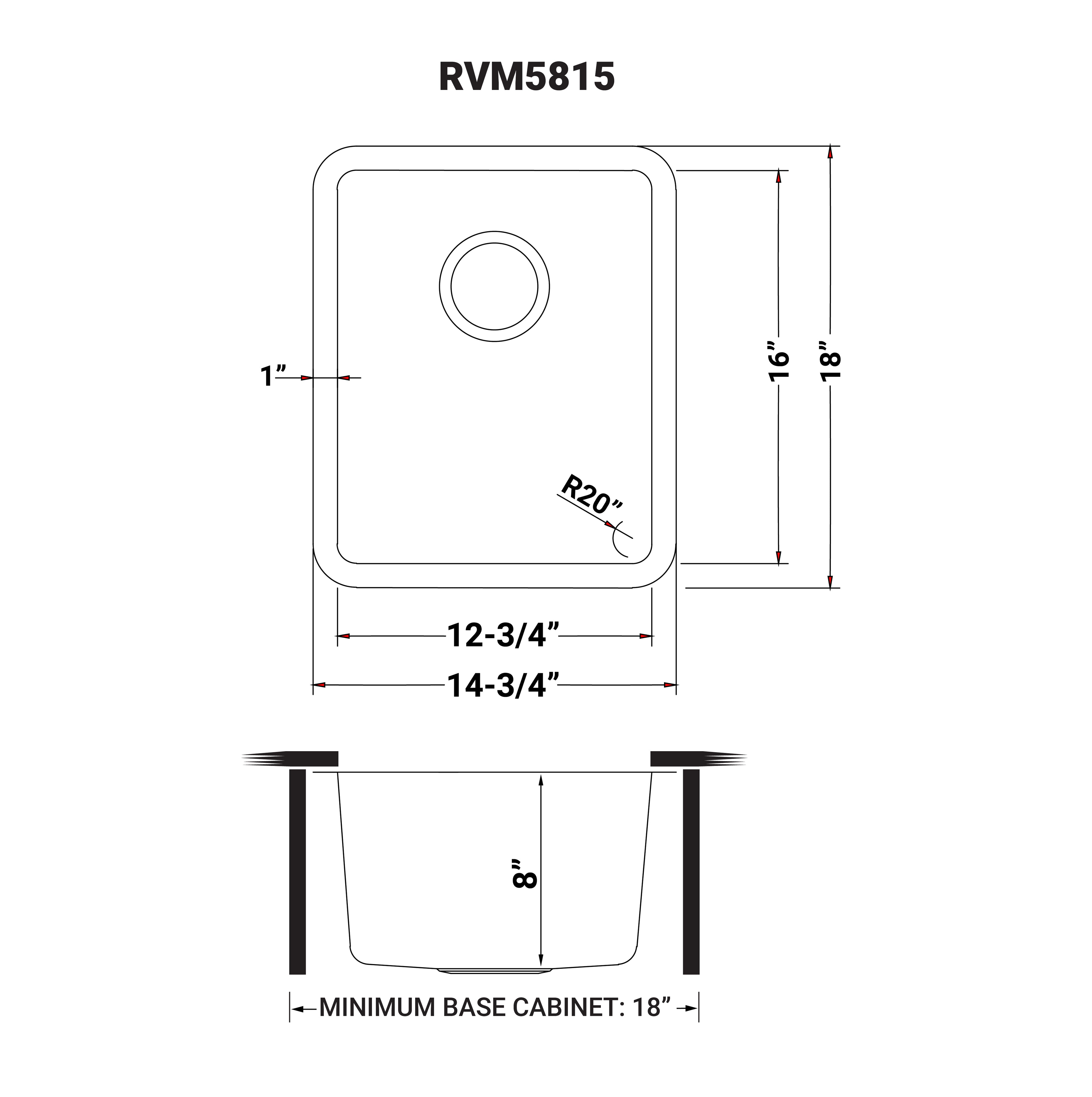 Ruvati Modena — Tarja de Bar / Prep en Acero Inoxidable — diagrama de dimensiones