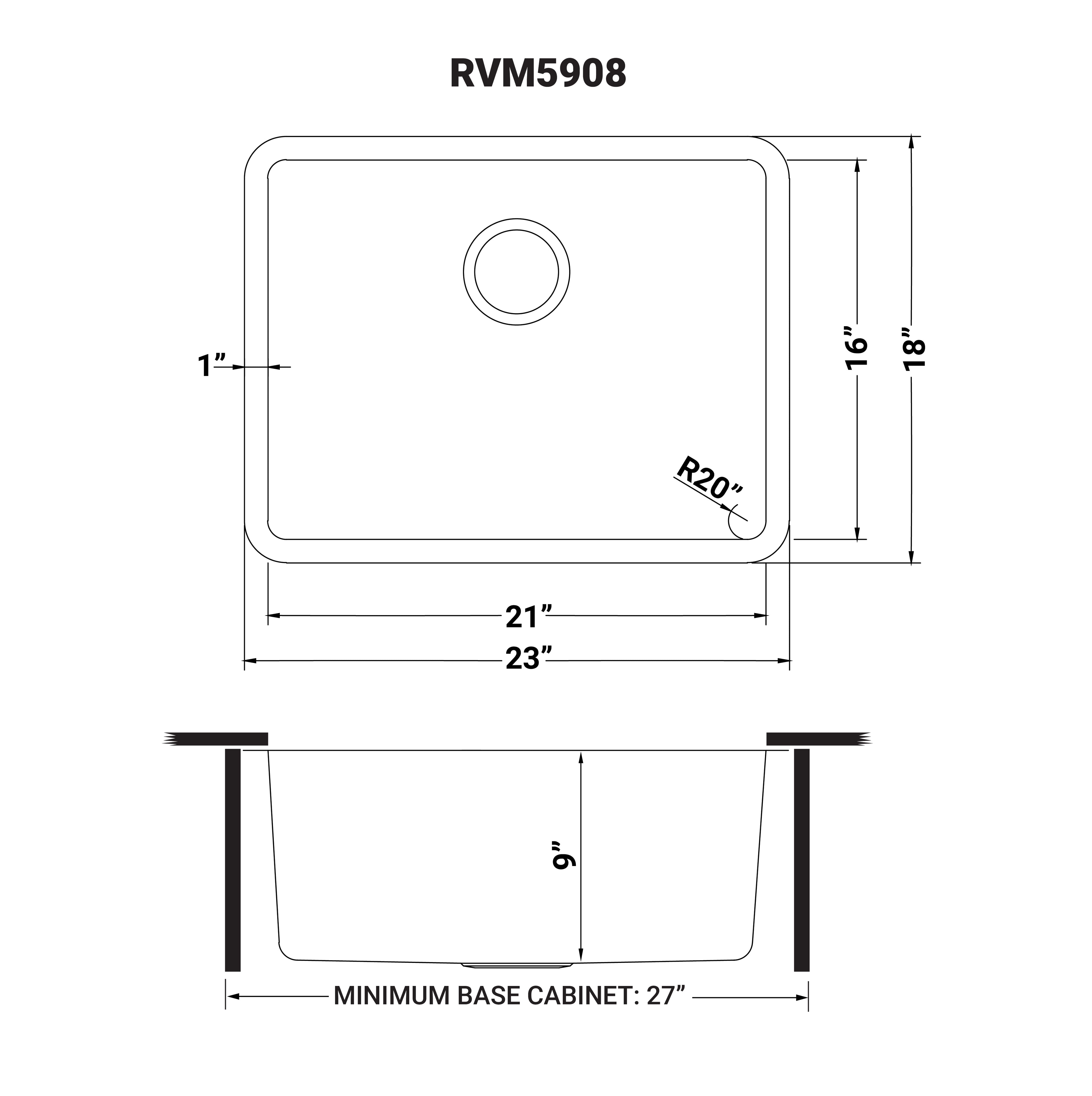 Ruvati Modena — Tarja de Cocina en Acero Inoxidable — diagrama de dimensiones