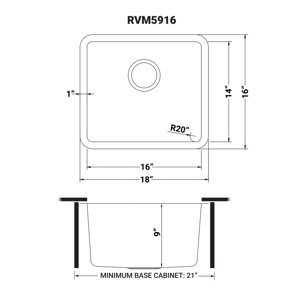 Ruvati Modena — Tarja de Bar / Prep en Acero Inoxidable — diagrama de dimensiones
