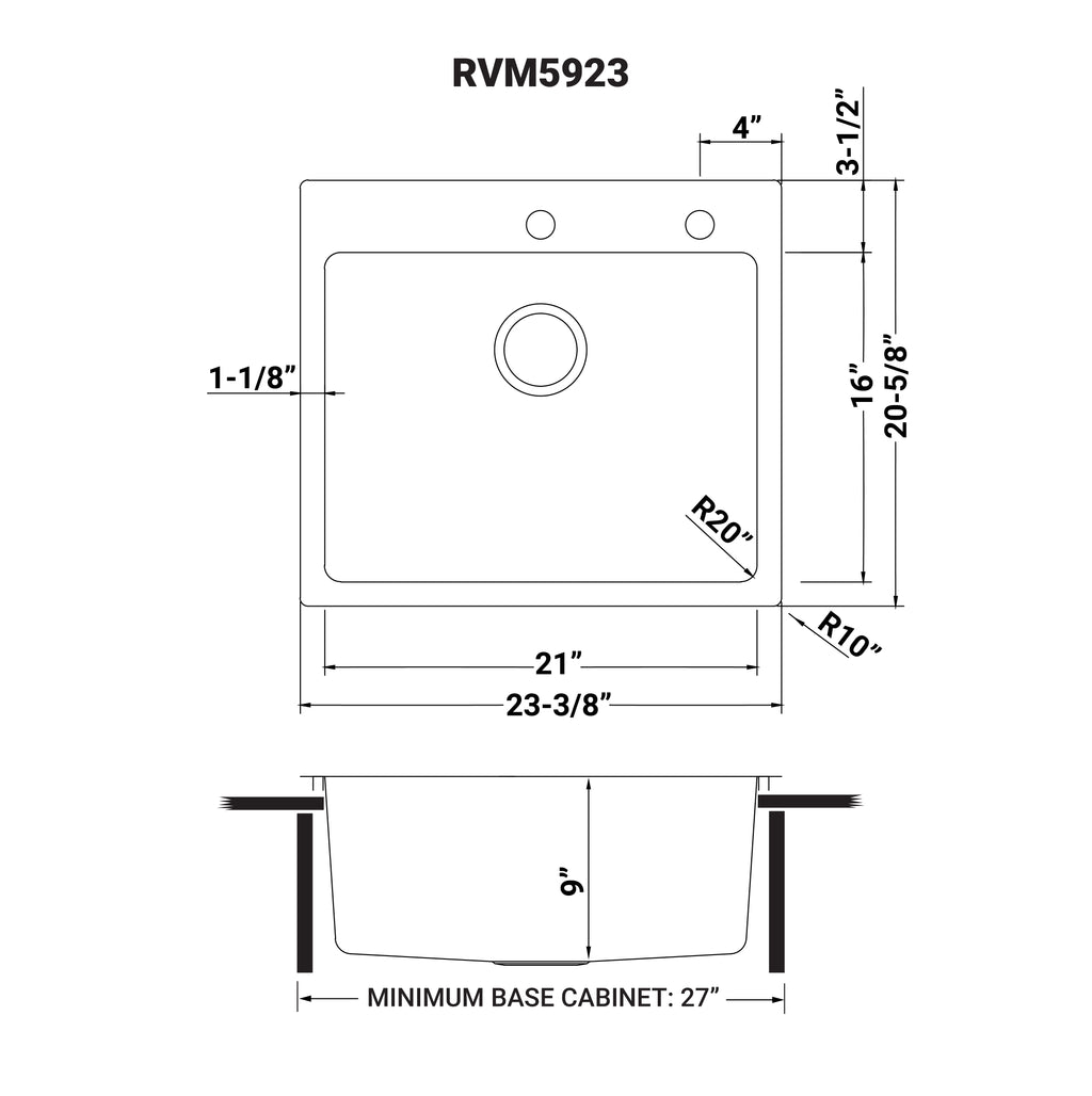 Ruvati Modena — Tarja de Cocina de 23 x 20 pulg en Acero Inoxidable — diagrama de dimensiones