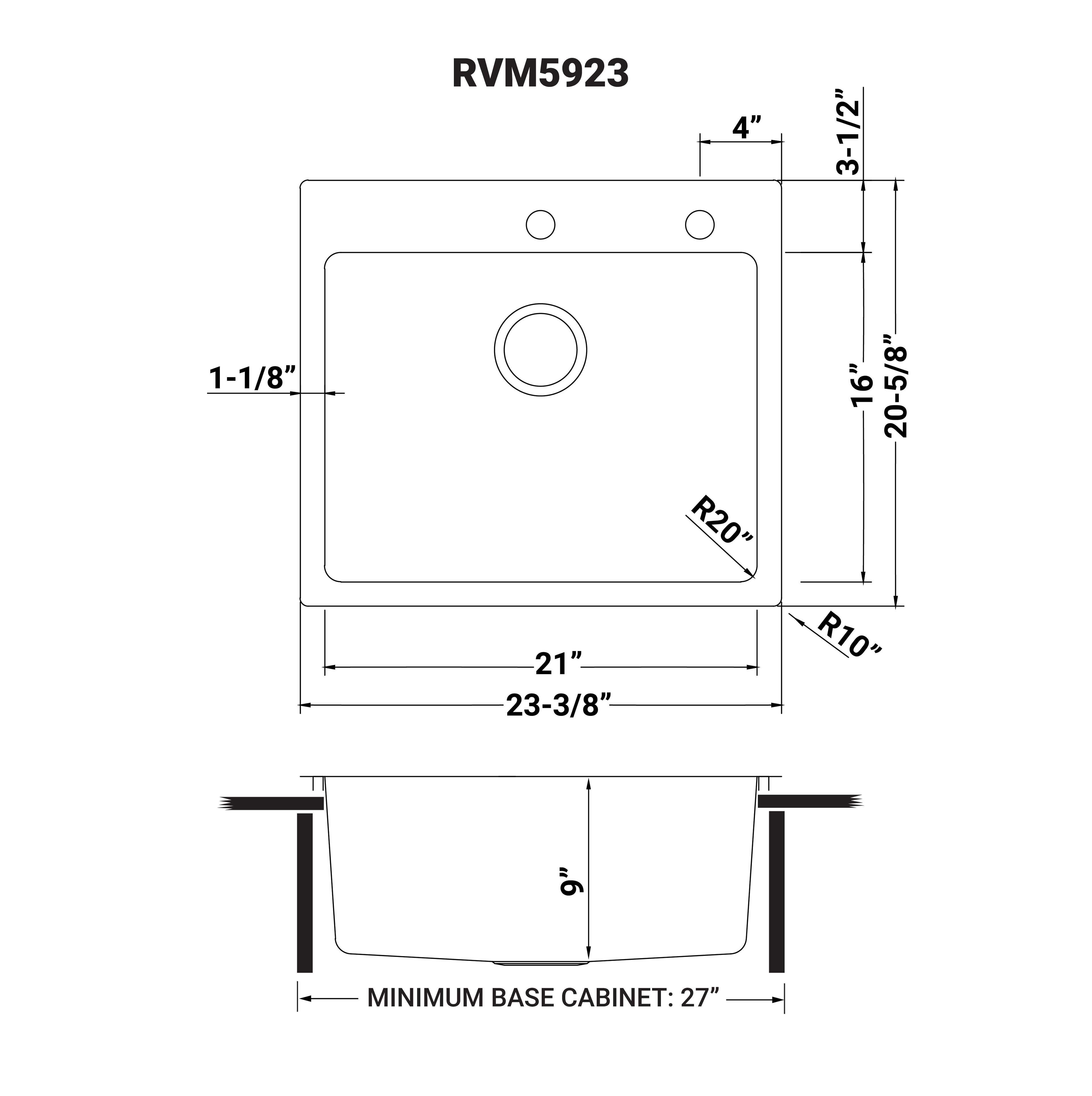 Ruvati Modena — Tarja de Cocina de 23 x 20 pulg en Acero Inoxidable — diagrama de dimensiones