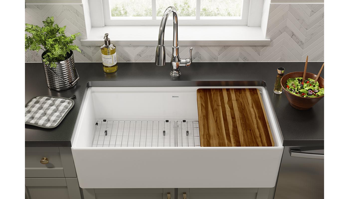 Elkay Tarja Fireclay 36" x 18-13/16" x 9-5/8" de Un Tazón Farmhouse (Kit) — ambiente de cocina