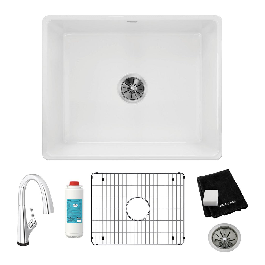 Elkay Tarja Fireclay 24-7/16" x 19-11/16" x 9-1/8" de Un Tazón Farmhouse (Kit) con Llave Filtrada Blanco — vista de producto