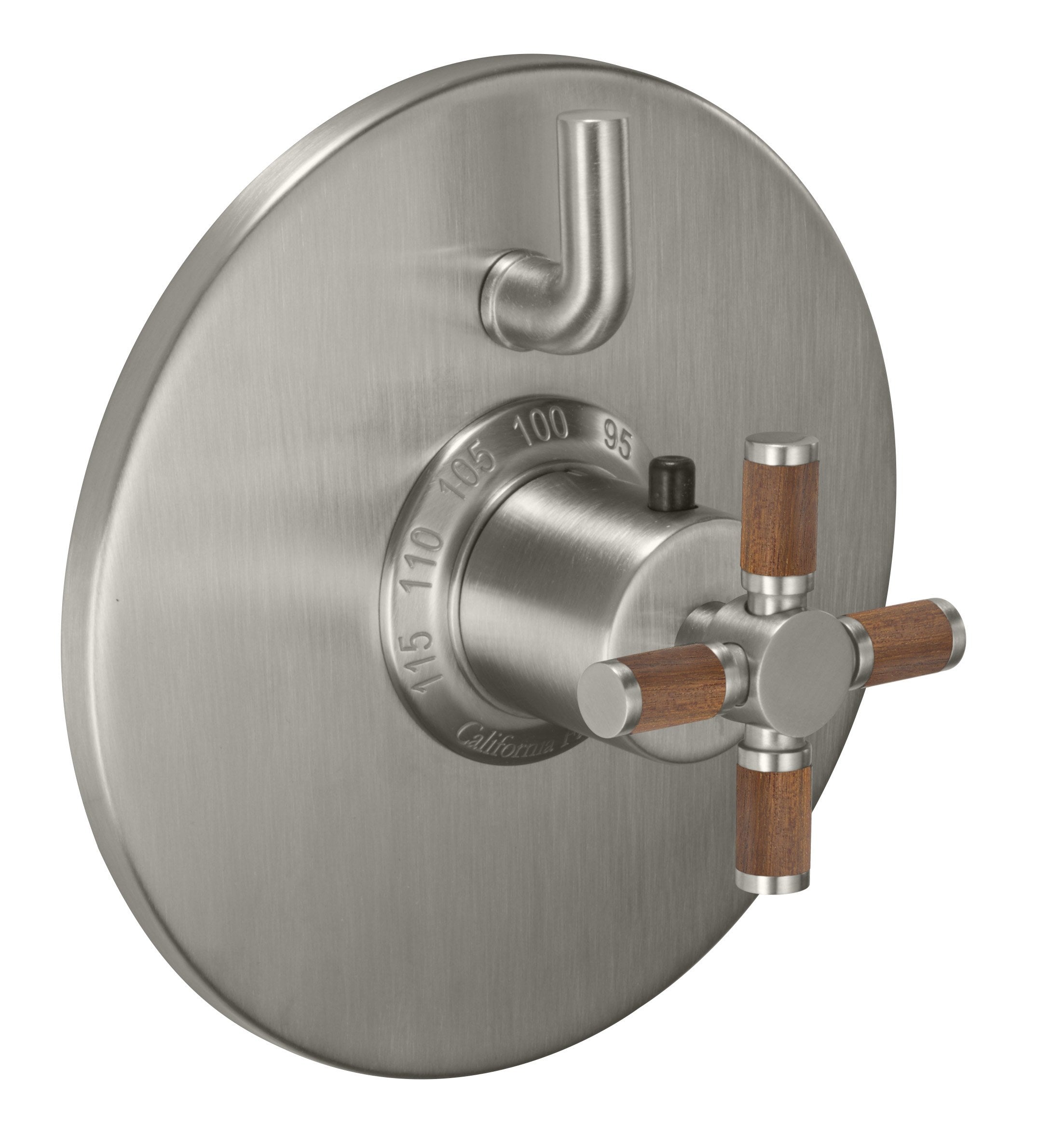 California Faucets Descanso StyleTherm con Control de Volumen Individual - Manija de Cruz de Teca - Níquel Satinado