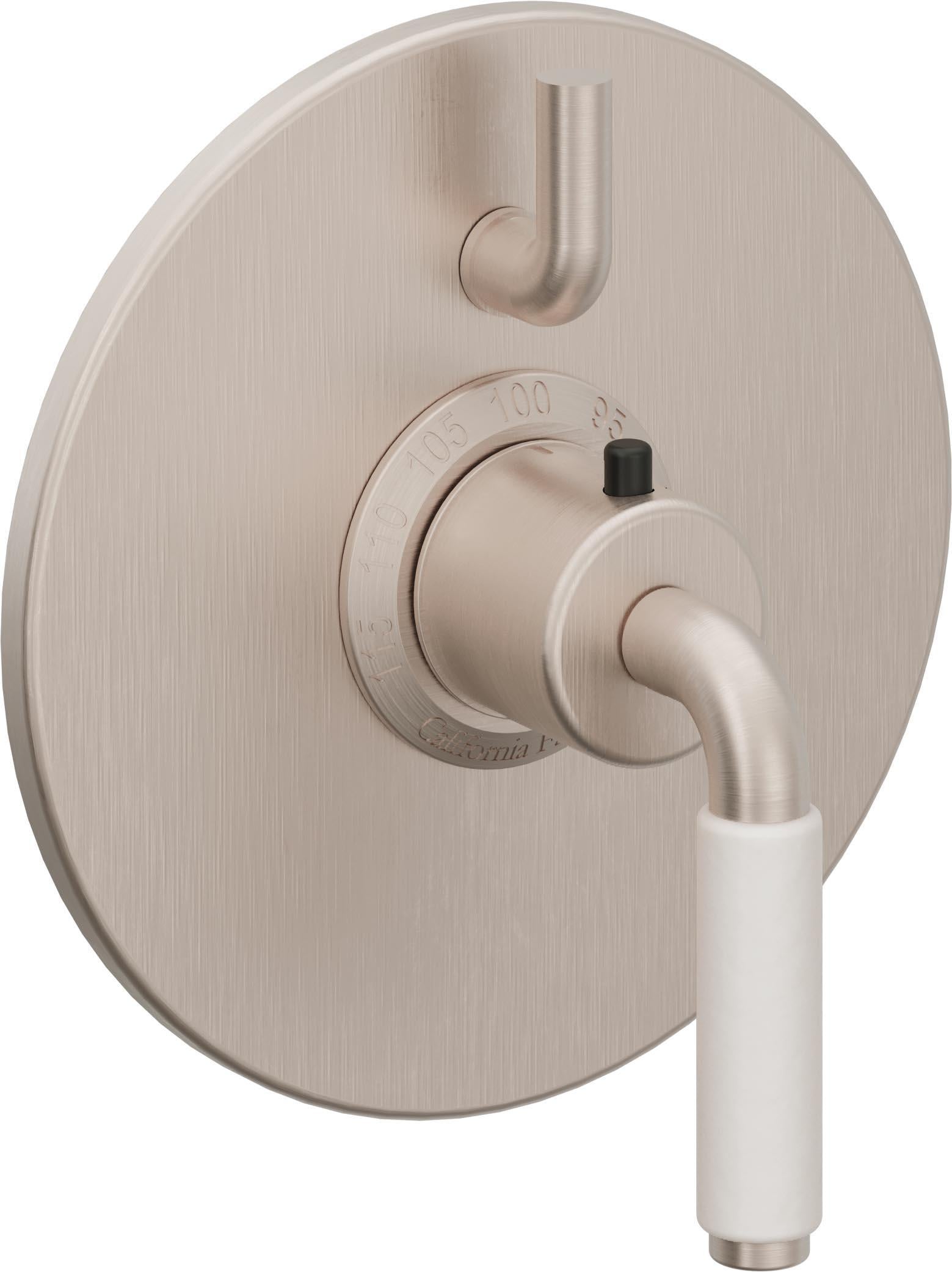 California Faucets Cayucos StyleTherm con Control de Volumen Individual - Palanca de Porcelana Blanca - Níquel Satinado