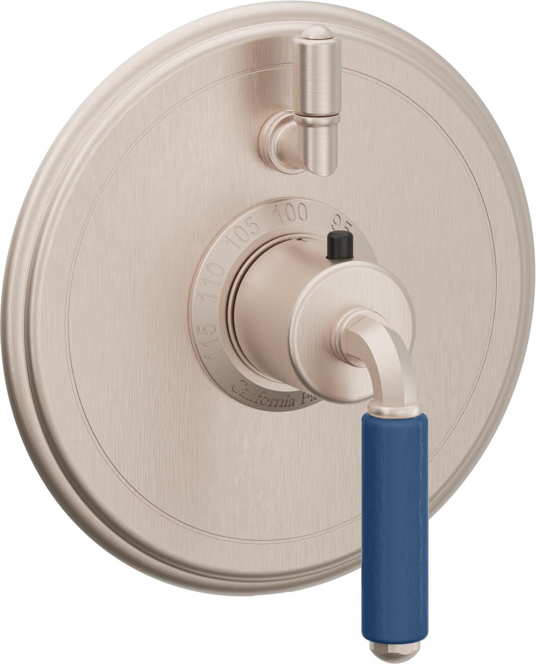 California Faucets Del Mar StyleTherm con Control de Volumen Individual - Palanca de Porcelana Azul - Níquel Satinado
