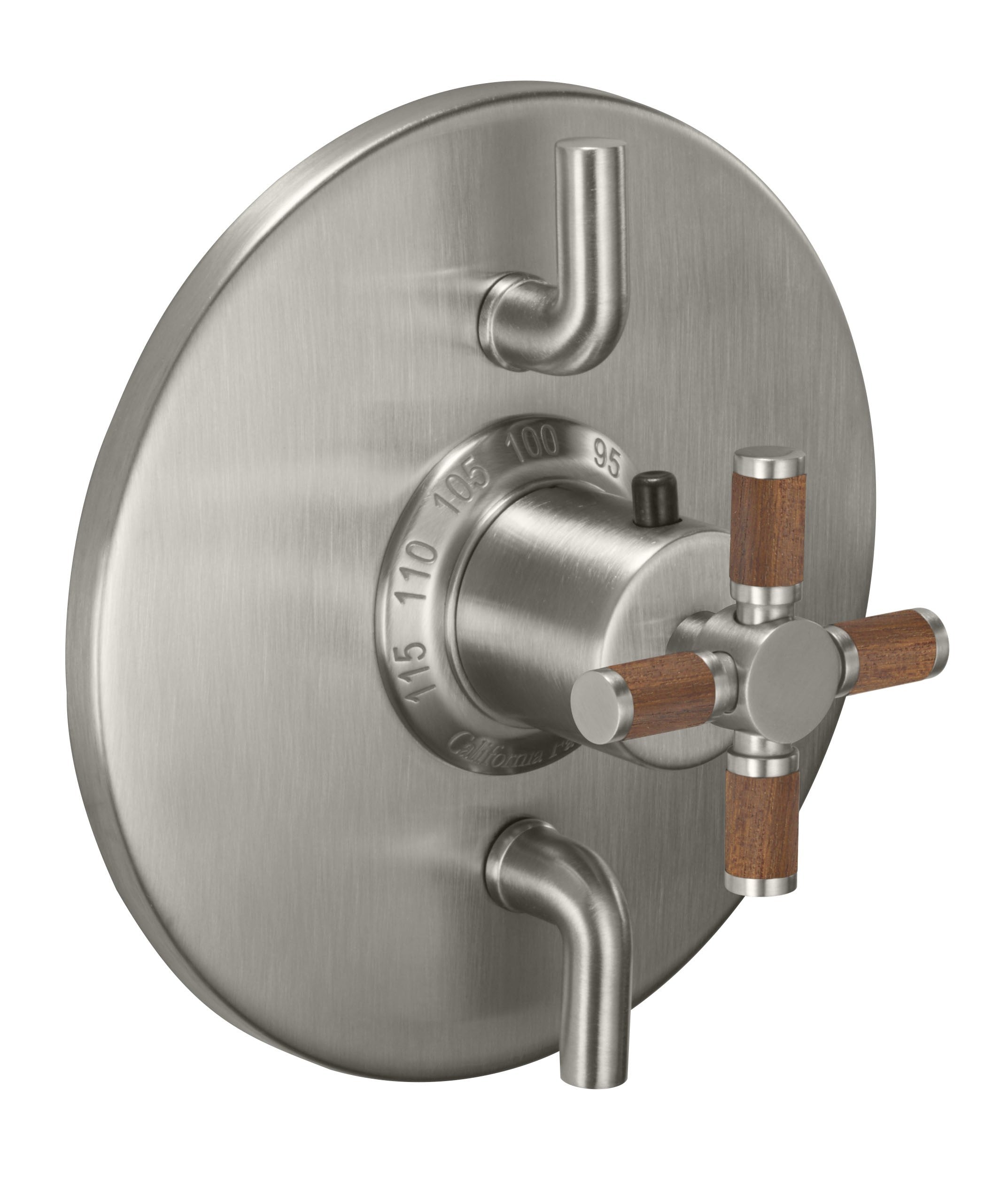 California Faucets Descanso StyleTherm con Control de Volumen Doble - Manija de Cruz de Teca - Níquel Satinado