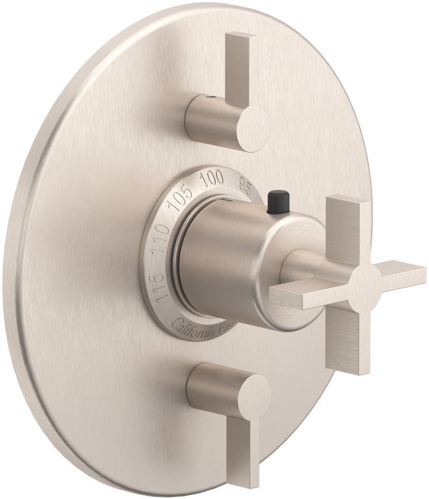 California Faucets Cayucos StyleTherm con Control de Volumen Doble - Manija de Cruz - Níquel Satinado