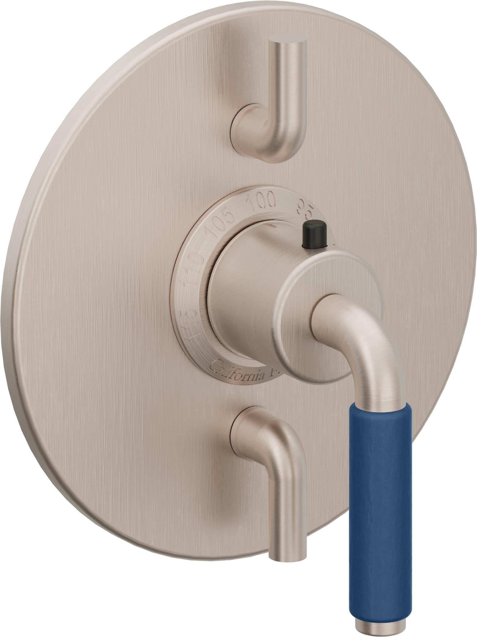 California Faucets Cayucos StyleTherm con Control de Volumen Doble - Palanca de Porcelana Azul - Níquel Satinado
