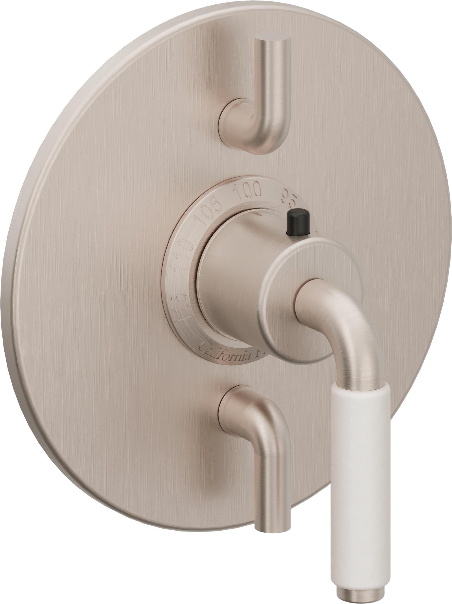 California Faucets Cayucos StyleTherm con Control de Volumen Doble - Palanca de Porcelana Blanca - Níquel Satinado