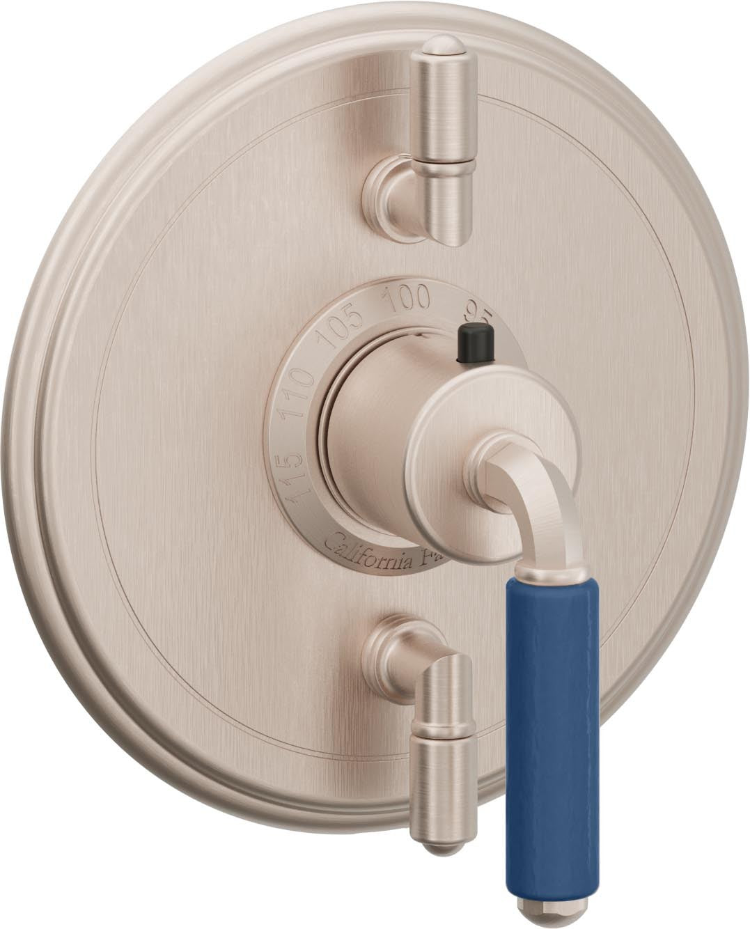 California Faucets Del Mar StyleTherm con Control de Volumen Doble - Palanca de Porcelana Azul - Níquel Satinado