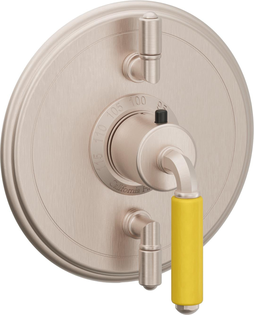 California Faucets Del Mar StyleTherm con Control de Volumen Doble - Palanca de Porcelana Amarilla - Níquel Satinado