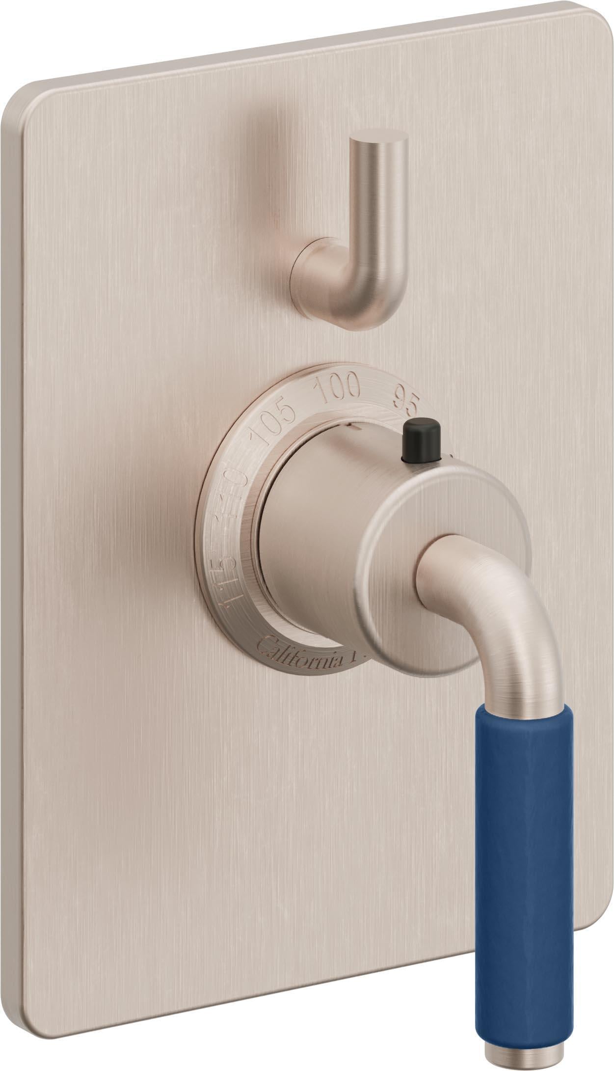 California Faucets Cayucos StyleTherm con Control de Volumen Individual - Palanca de Porcelana Azul - Níquel Satinado