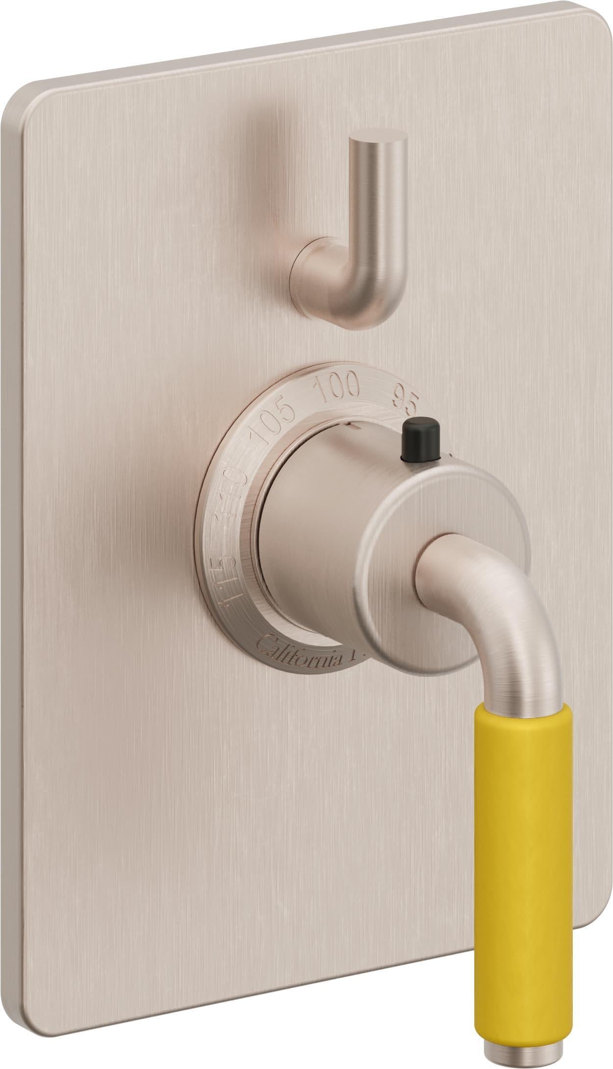 California Faucets Cayucos StyleTherm con Control de Volumen Individual - Palanca de Porcelana Amarilla - Níquel Satinado
