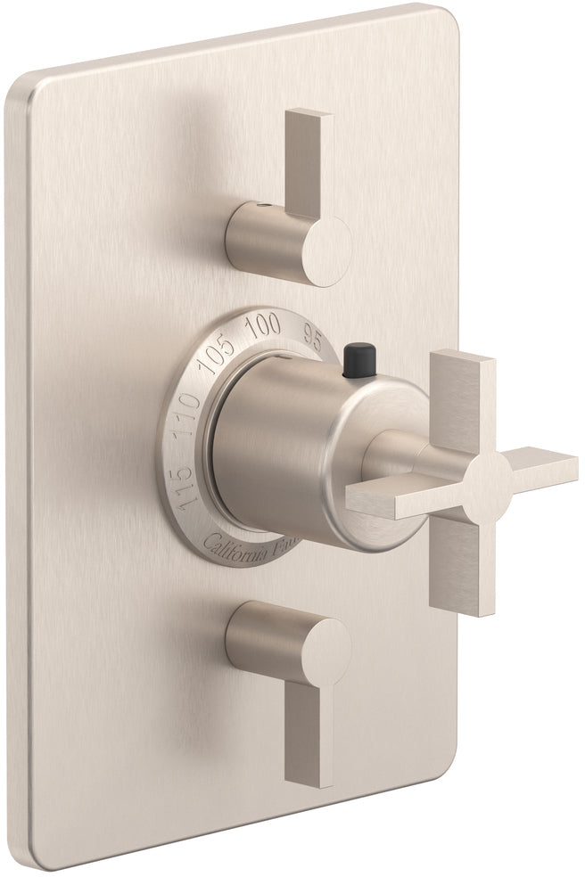 California Faucets Cayucos StyleTherm con Control de Volumen Doble - Manija de Cruz - Níquel Satinado