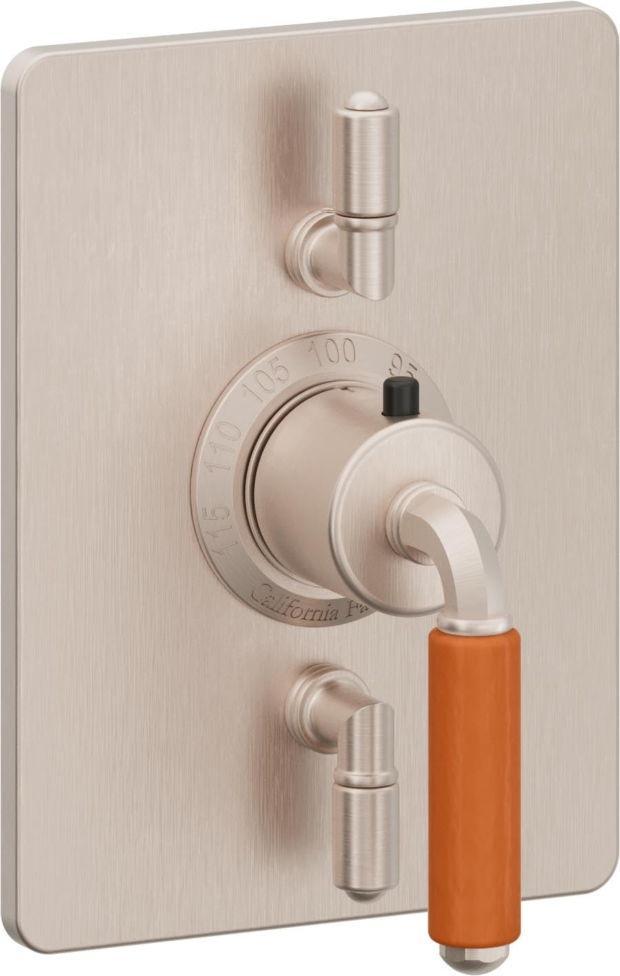 California Faucets Del Mar StyleTherm con Control de Volumen Doble - Palanca de Porcelana Naranja - Níquel Satinado