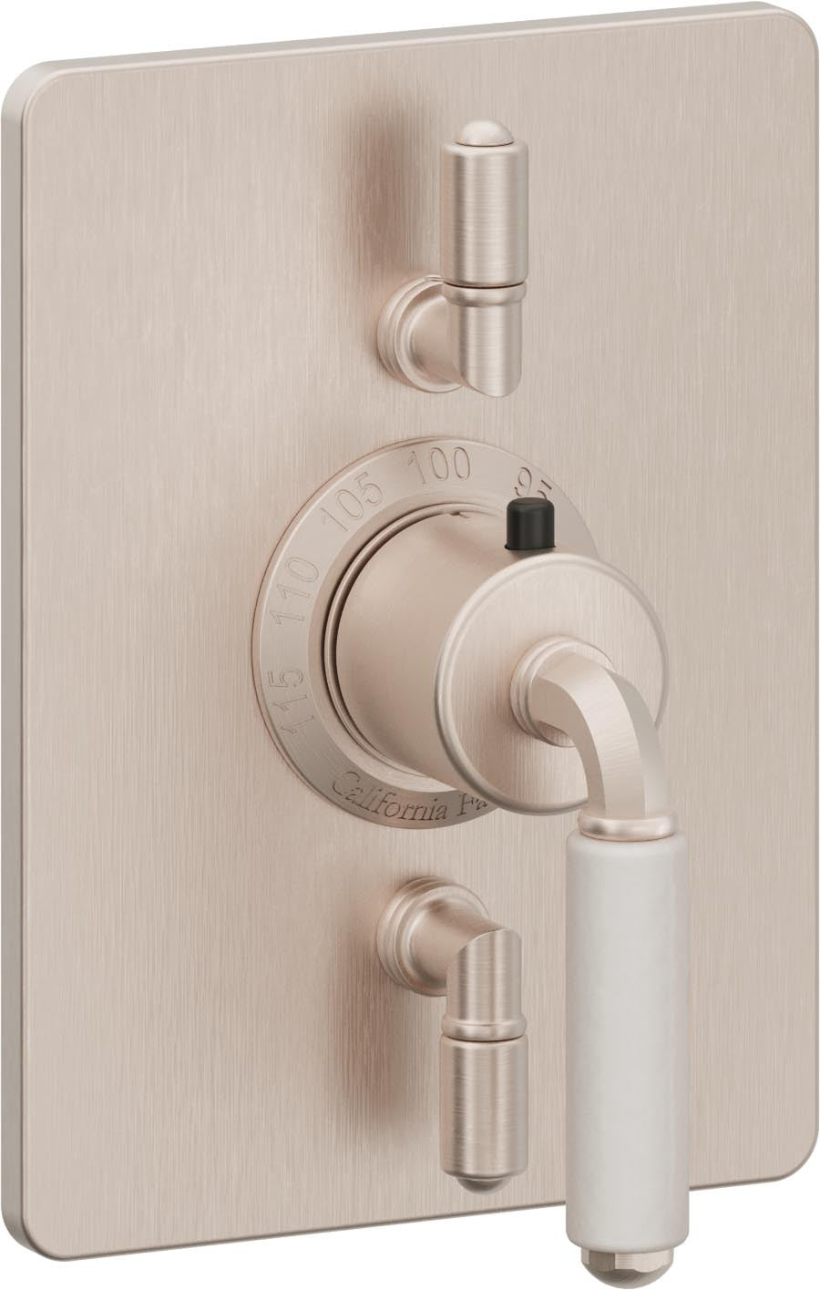 California Faucets Del Mar StyleTherm con Control de Volumen Doble - Palanca de Porcelana Blanca - Níquel Satinado