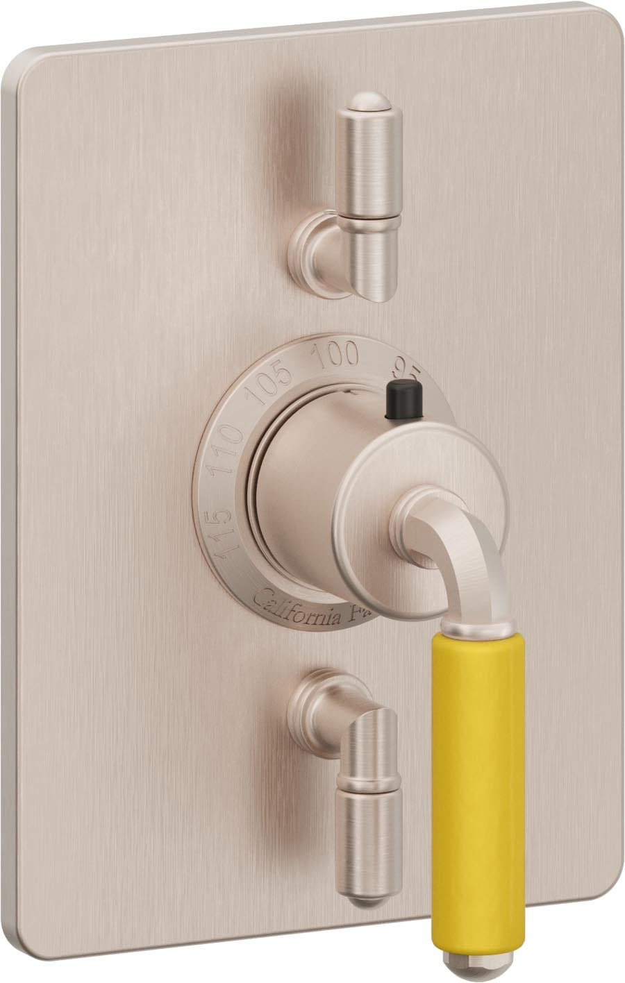 California Faucets Del Mar StyleTherm con Control de Volumen Doble - Palanca de Porcelana Amarilla - Níquel Satinado