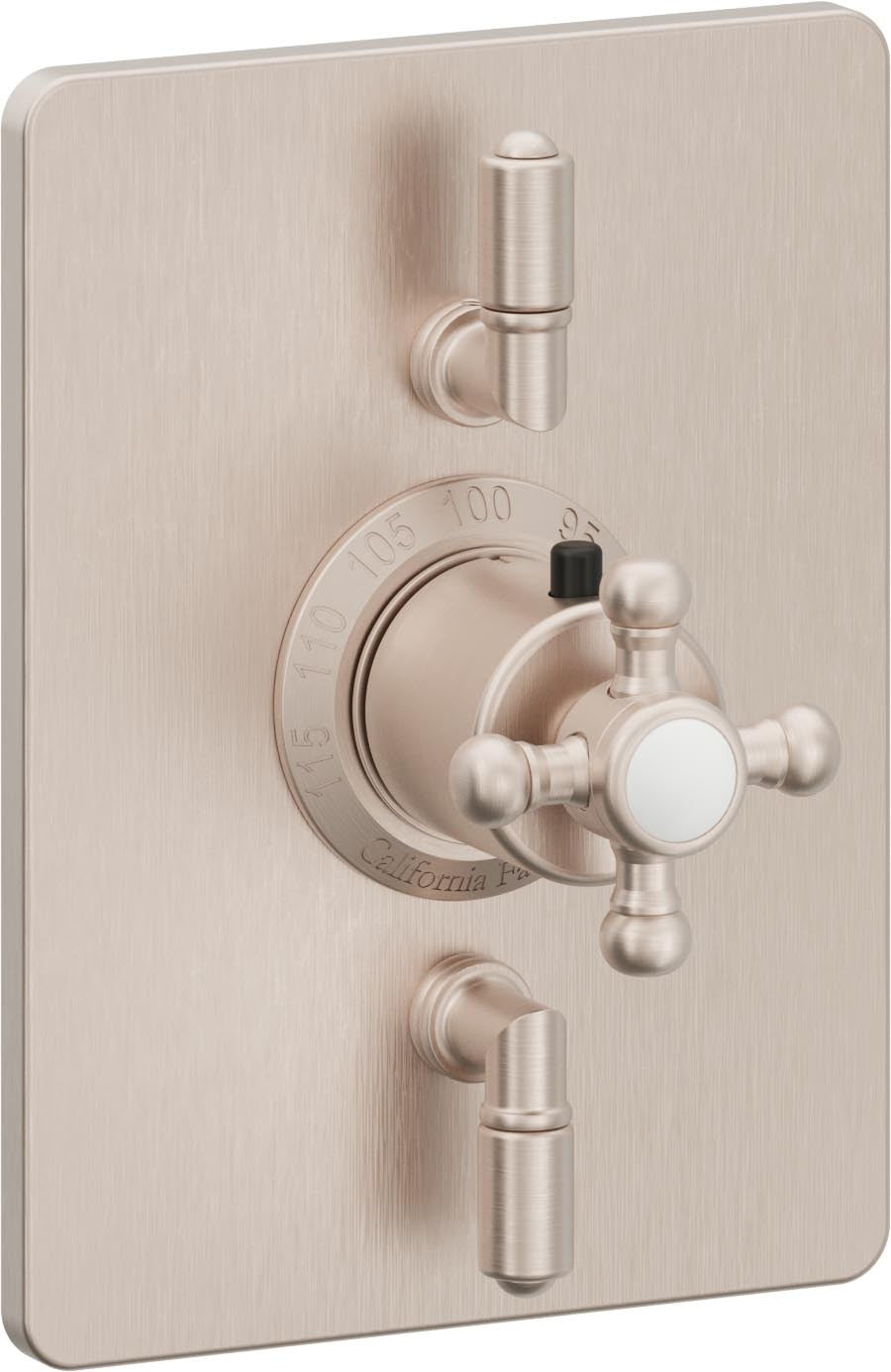 California Faucets Del Mar StyleTherm con Control de Volumen Doble - Manija de Cruz - Níquel Satinado