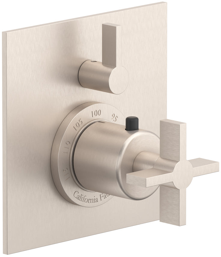 California Faucets Cayucos StyleTherm con Control de Volumen Individual - Manija de Cruz - Níquel Satinado