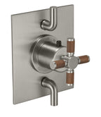 California Faucets Descanso StyleTherm con Control de Volumen Doble - Manija de Cruz de Teca - Níquel Satinado