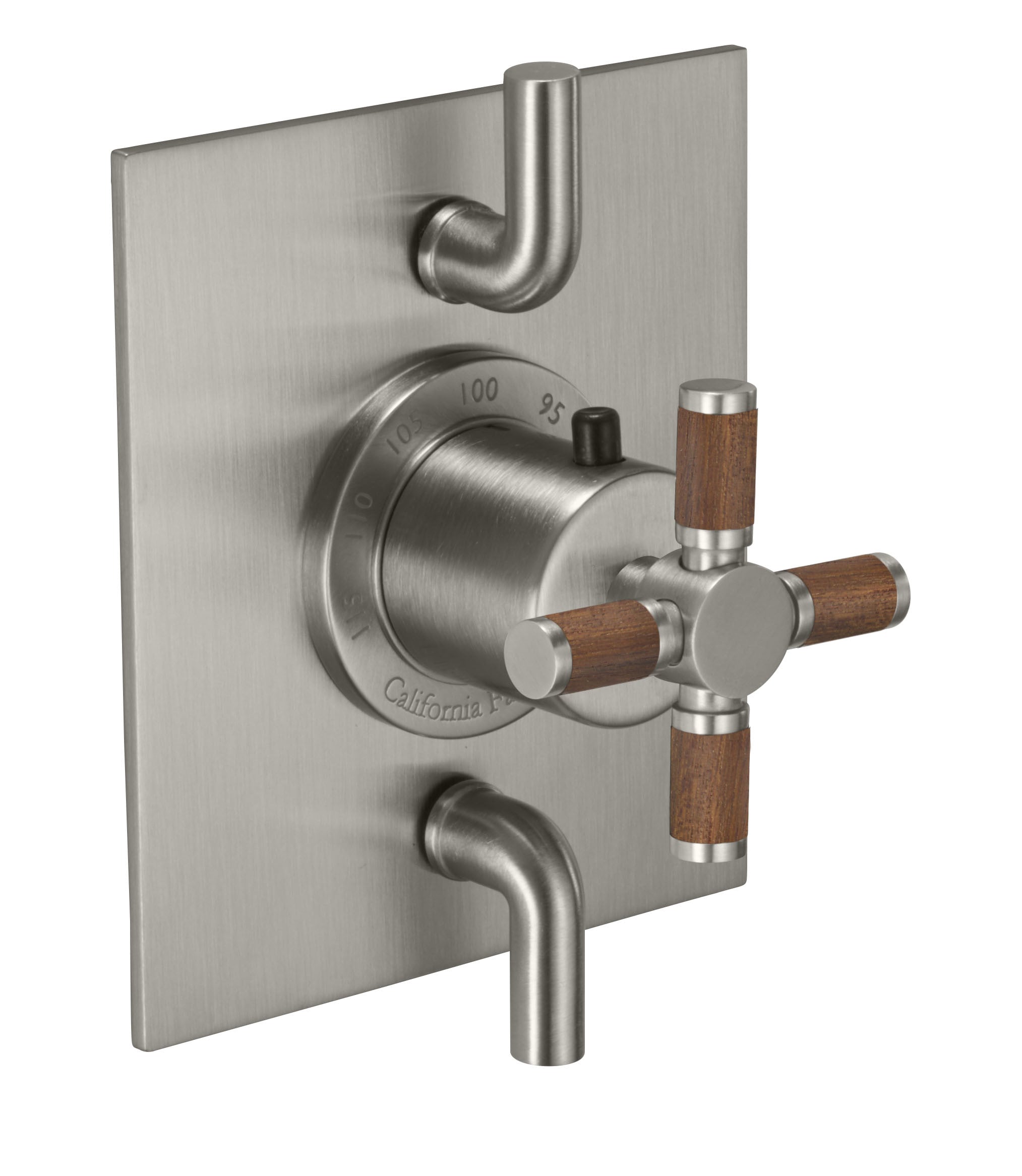 California Faucets Descanso StyleTherm con Control de Volumen Doble - Manija de Cruz de Teca - Níquel Satinado