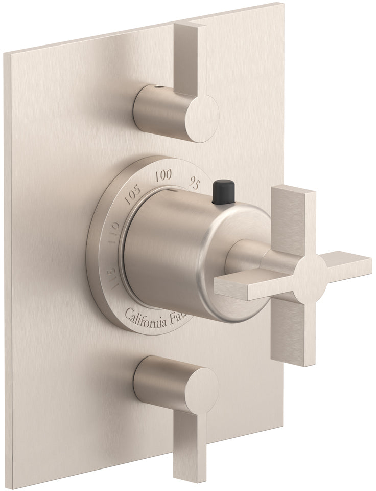 California Faucets Cayucos StyleTherm con Control de Volumen Doble - Manija de Cruz - Níquel Satinado