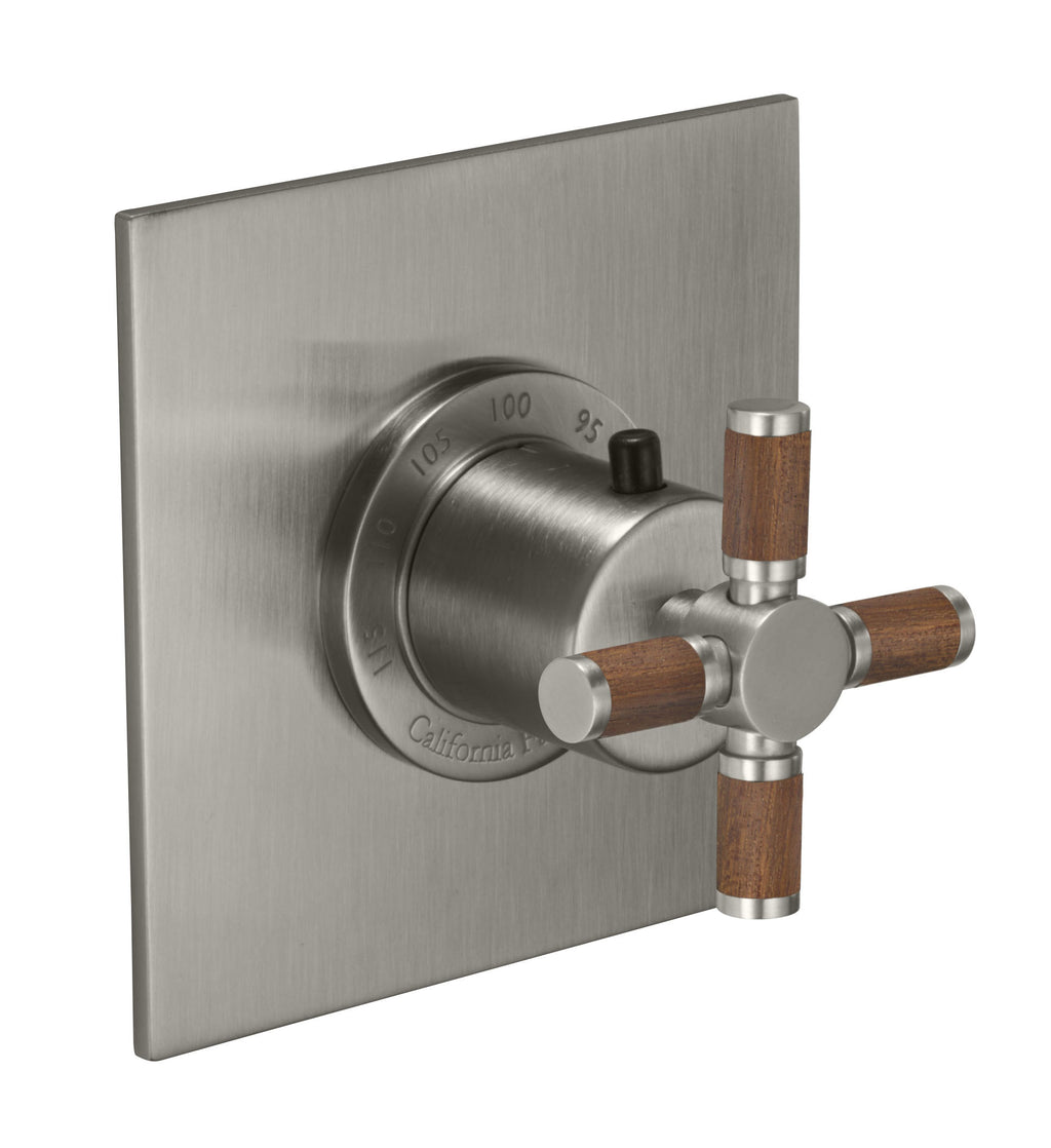 California Faucets Descanso StyleTherm Termostático de 3/4" - Manija de Cruz de Teca - Níquel Satinado