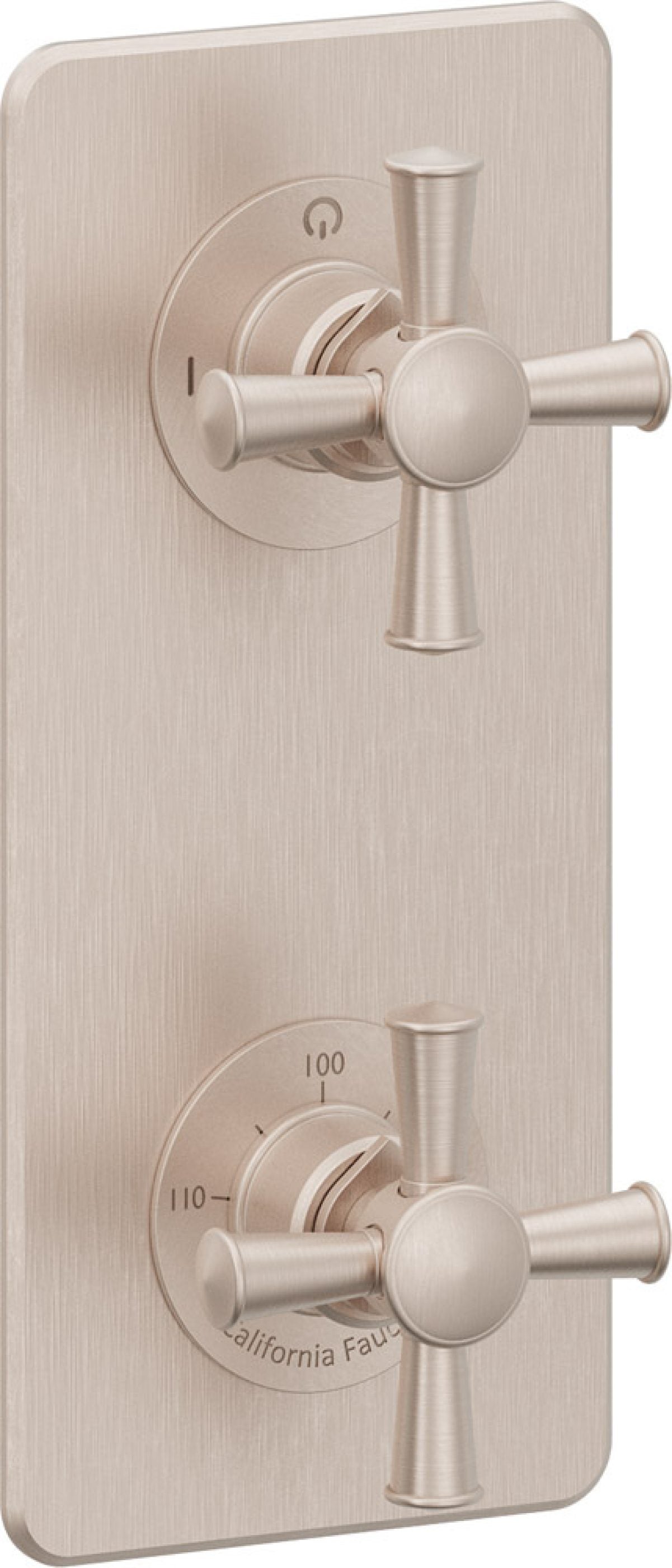 California Faucets Miramar StyleTherm Vista™ - Placa Cuadrada Sencilla (9" x 4"), Cartucho de 1 Salida, 2 Manijas de Cruz