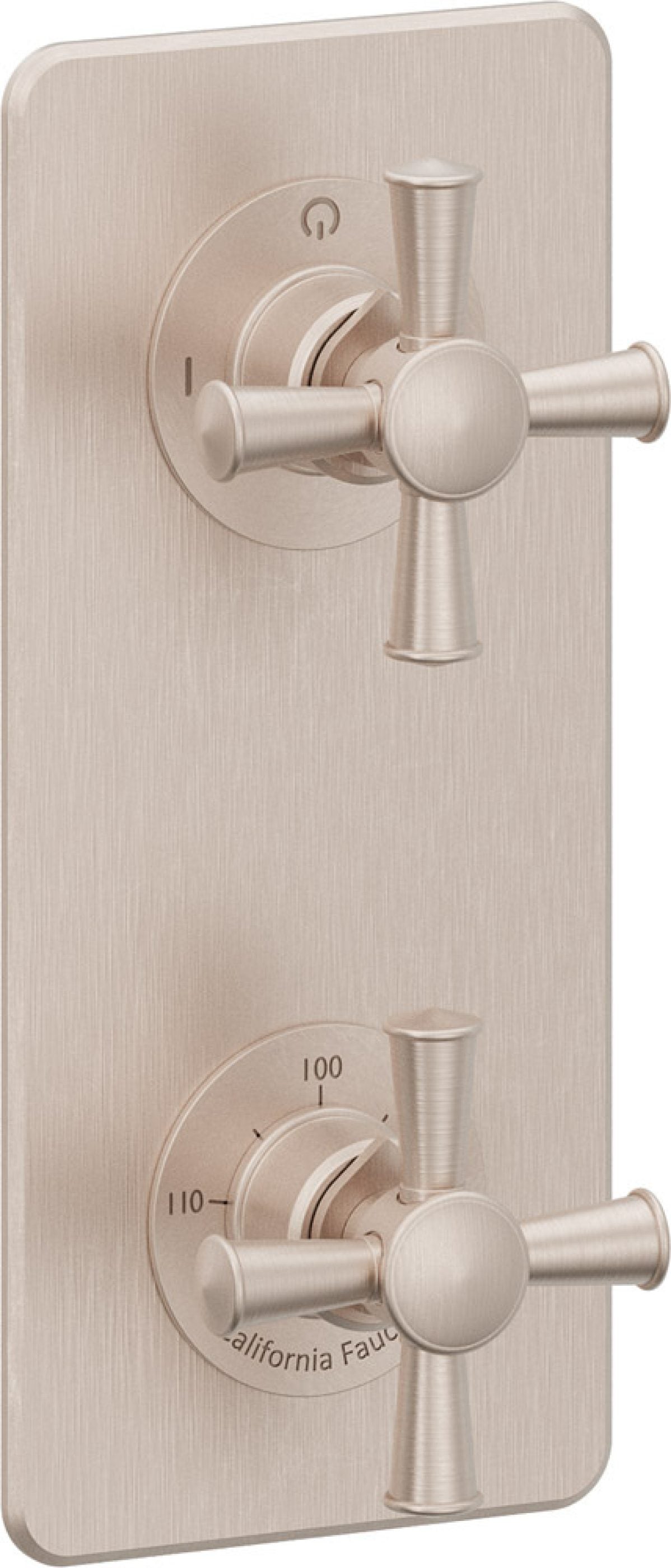 California Faucets Miramar StyleTherm Vista™ - Placa Cuadrada Sencilla (9" x 4"), Cartucho de 2 Salidas No Compartidas, 2 Manijas de Cruz