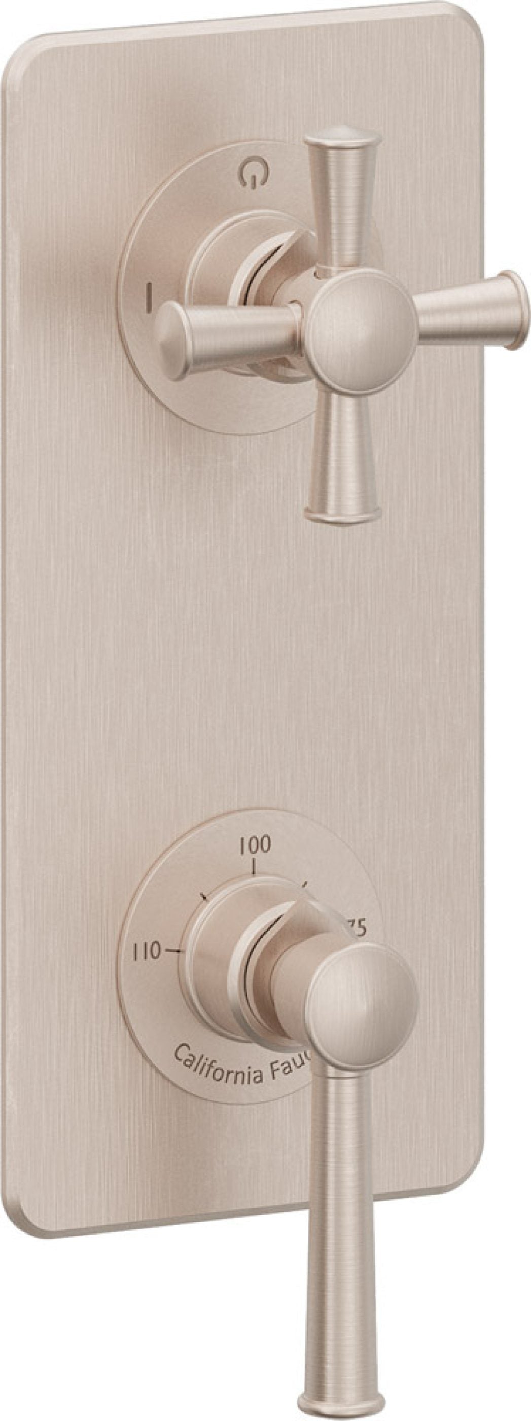 California Faucets Miramar StyleTherm Vista™ - Placa Cuadrada Sencilla (9" x 4"), Cartucho de 2 Salidas Compartidas, 1 Manija de Palanca y 1 Manija de Cruz