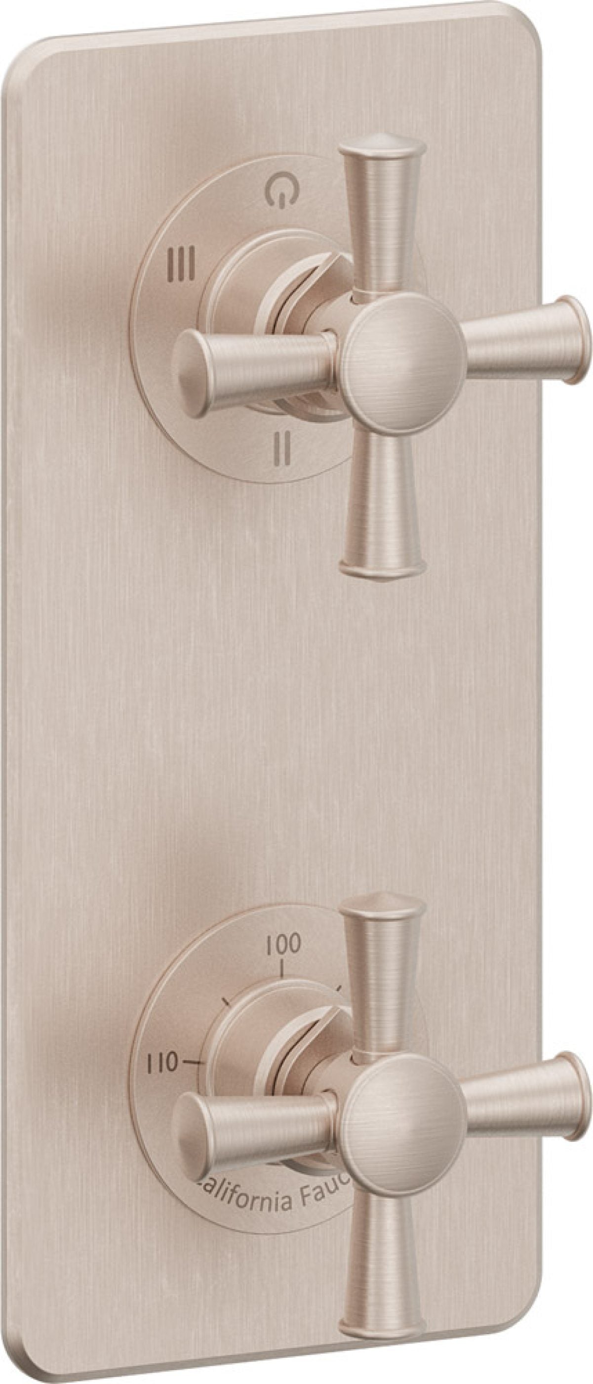 California Faucets Miramar StyleTherm Vista™ - Placa Cuadrada Sencilla (9" x 4"), Cartucho de 3 Salidas No Compartidas, 2 Manijas de Cruz