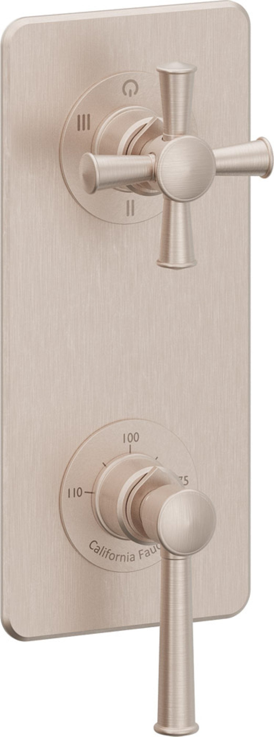 California Faucets Miramar StyleTherm Vista™ - Placa Cuadrada Sencilla (9" x 4"), Cartucho de 3 Salidas No Compartidas, 1 Manija de Palanca y 1 Manija de Cruz