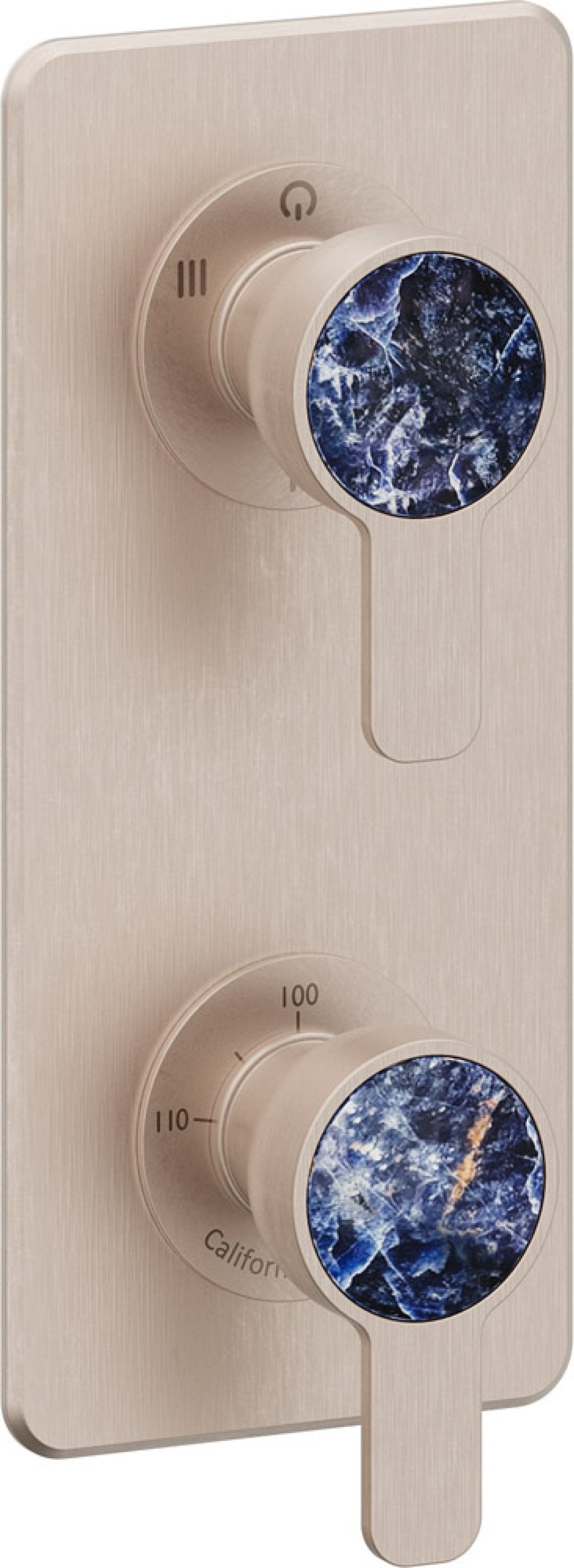 California Faucets Capitola StyleTherm Vista con Control de Tres Salidas y Paro - Placa Quad - Níquel Satinado