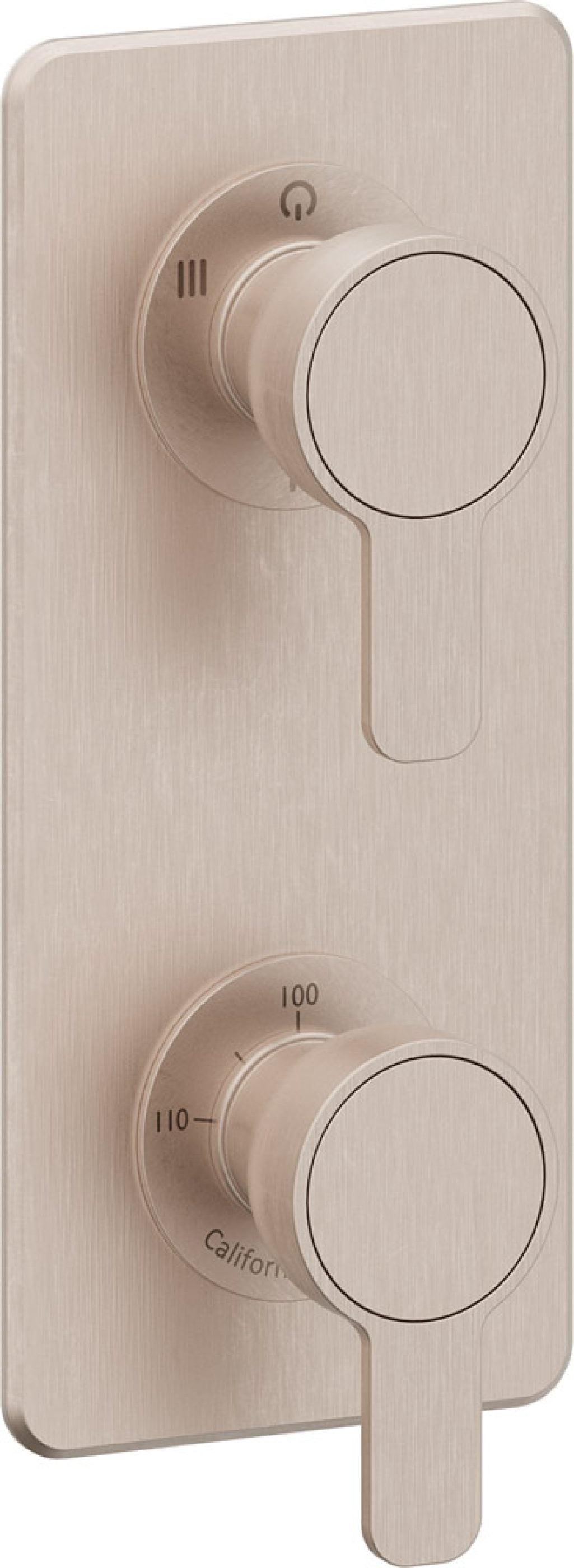 California Faucets Capitola StyleTherm Vista con Control de Tres Salidas y Paro - Placa Quad - Níquel Satinado
