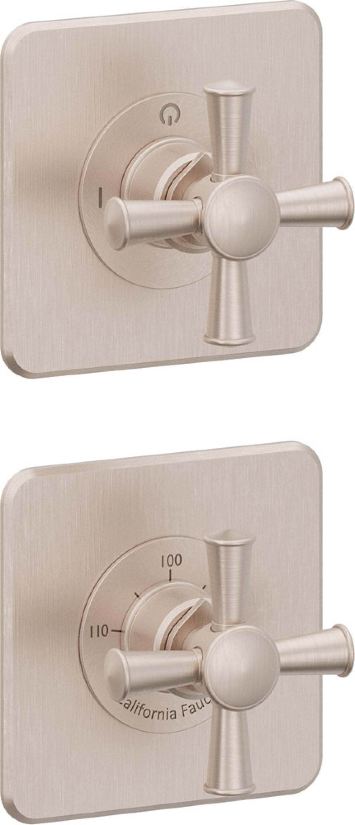 California Faucets Miramar StyleTherm Vista™ - Dos Placas Cuadradas (4" x 4" c/u), Cartucho de 2 Salidas Compartidas, 2 Manijas de Cruz