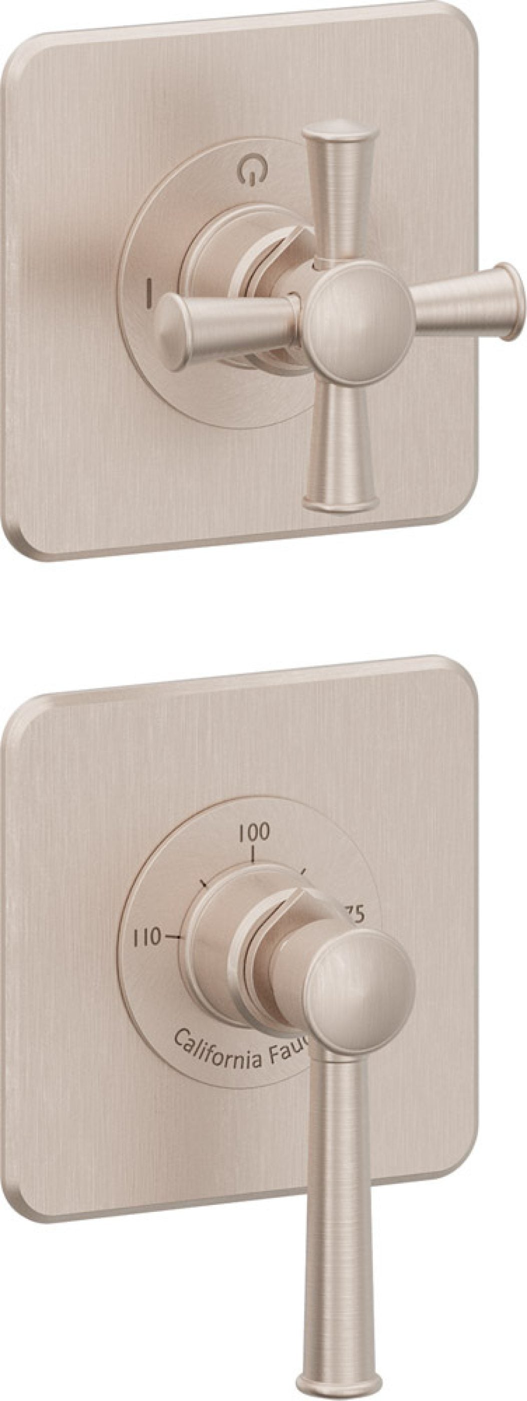 California Faucets Miramar StyleTherm Vista™ - Dos Placas Cuadradas (4" x 4" c/u), Cartucho de 2 Salidas No Compartidas, 1 Manija de Palanca y 1 Manija de Cruz